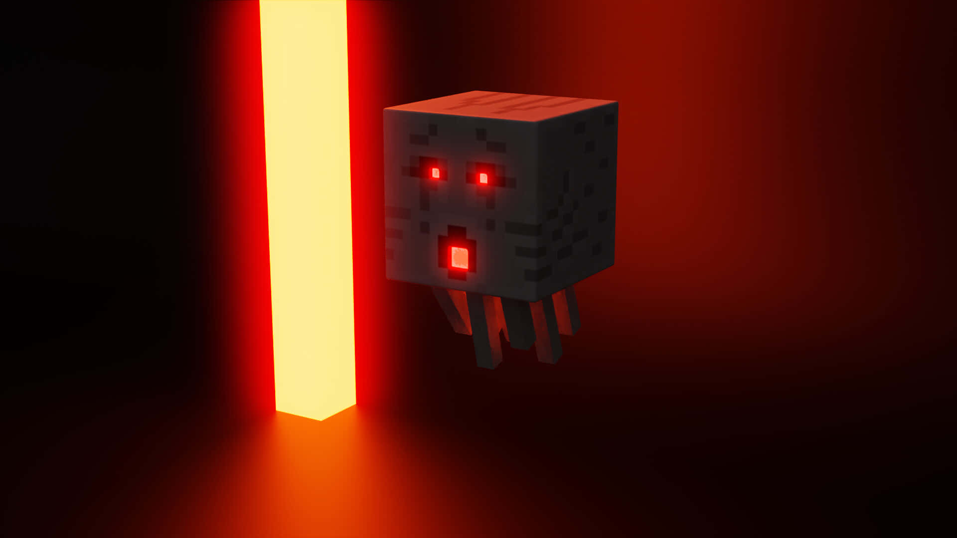 Minecraft Ghast 桌布 壁紙 — 一隻像素化的Minecraft蜘蛛，有著發光的紅色眼睛和嘴巴，站在一個昏暗的房間裡，被一道垂直的紅色和黃色光束照亮。