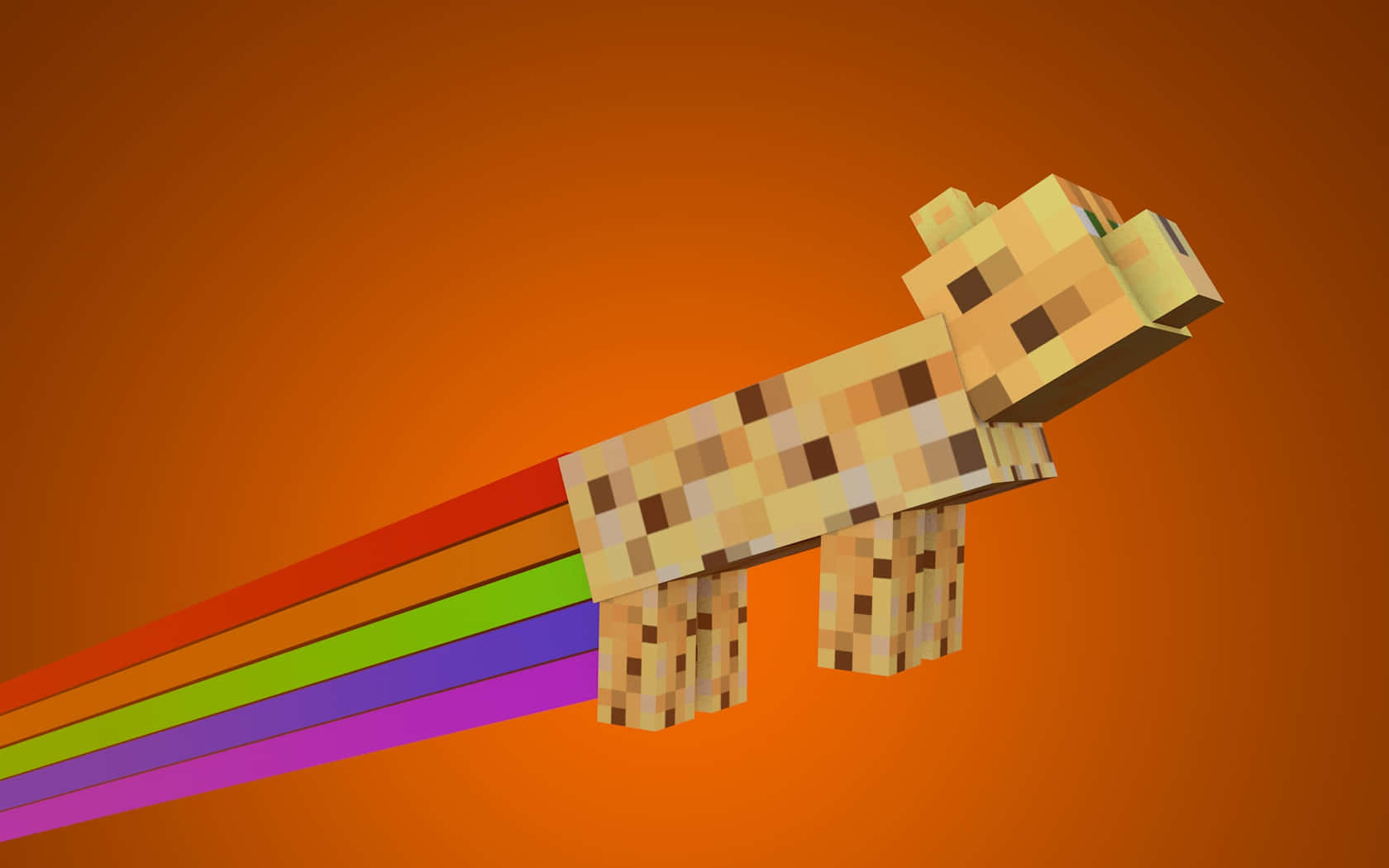 Minecraft Ocelot 桌布 壁紙 — 一隻像素化的Minecraft豬帶着彩虹軌跡，在溫暖的橙色漸變背景上對角飛行。