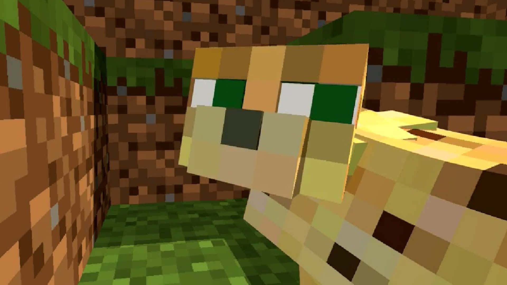 Minecraft Ocelot 桌布 壁紙 — 一隻像素化的Minecraft貓咪好奇地從地上一個長滿草的洞中探頭出來。