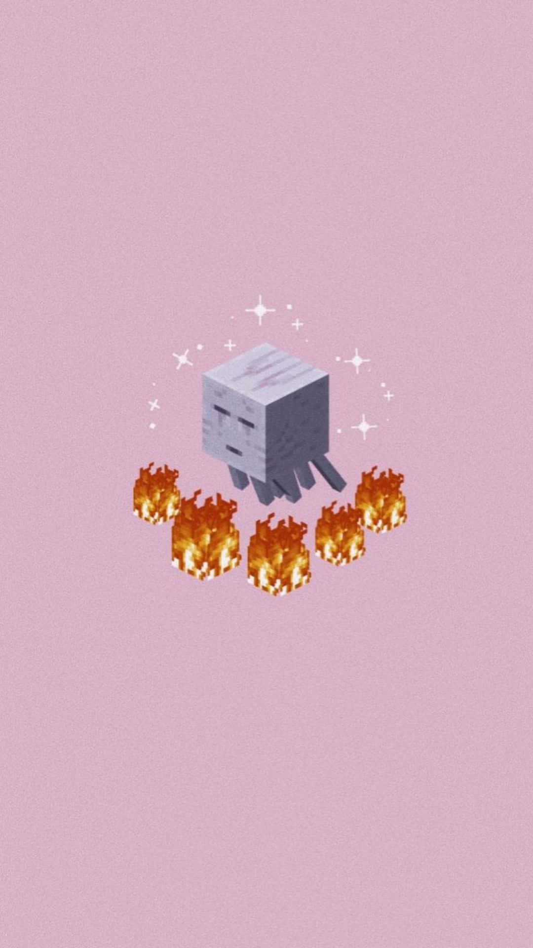 Minecraft Ghast 桌布 壁紙 — 一隻像素化的Minecraft魷魚，被火焰和閃光包圍，背景是柔和的粉紅色。