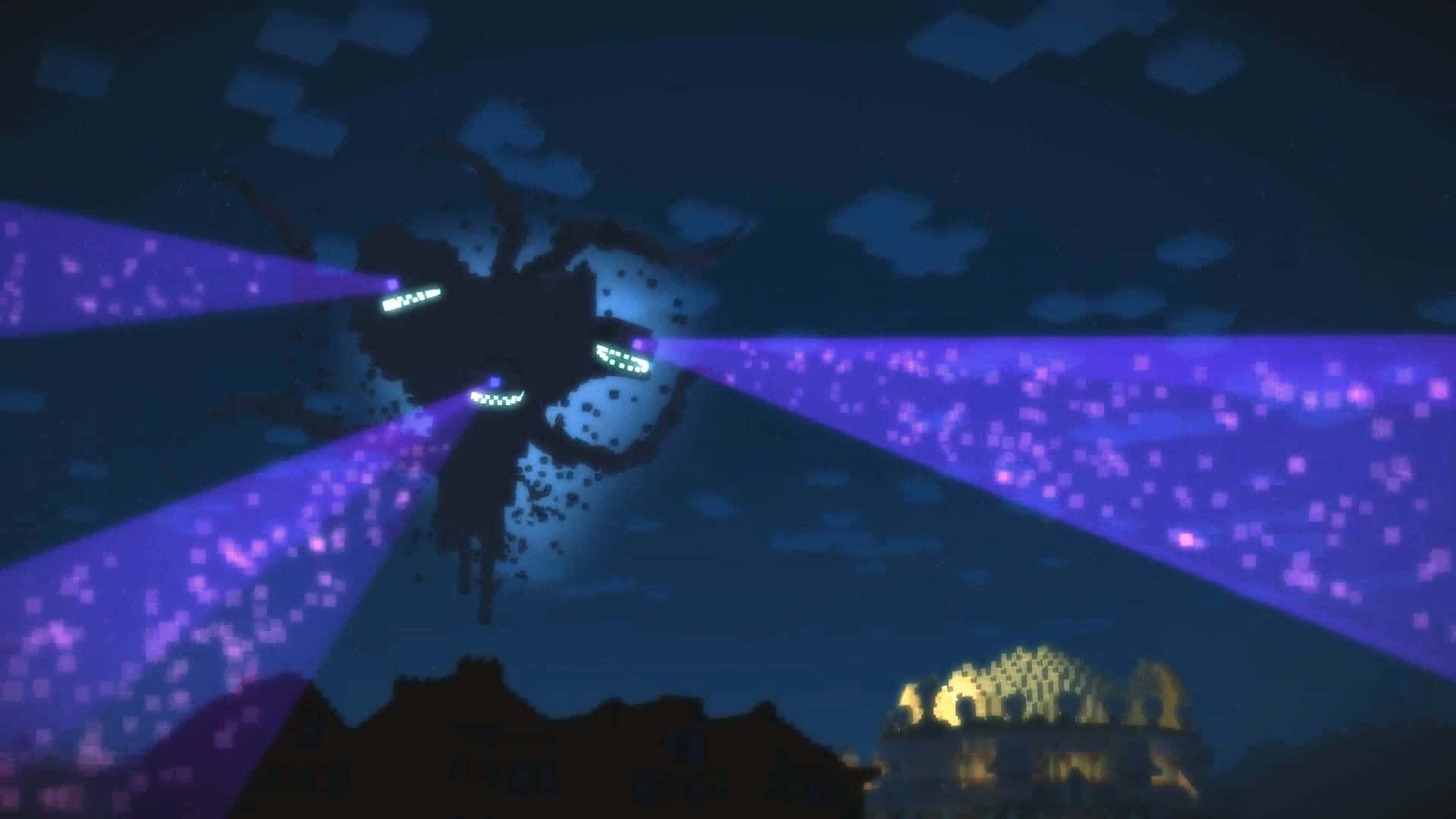 Minecraft Wither 桌布 壁紙 — 一隻像素化的巨型蜘蛛，眼睛發光，在夜間向發光的城堡發射紫色粒子激光。