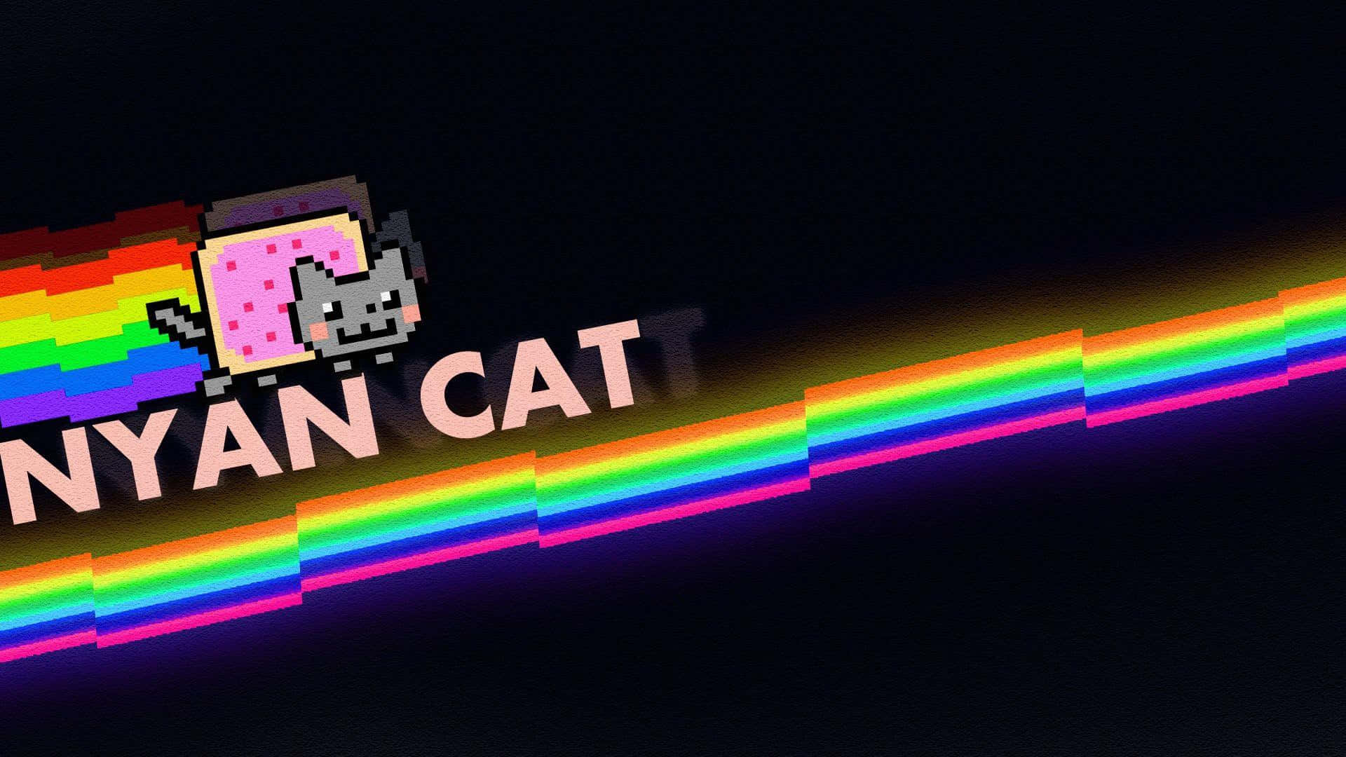 Nyan Cat 桌布 壁紙 — 一隻像素化的彩虹貓（Nyan Cat）帶着彩虹尾巴，在黑色背景上對角飛翔，並有「NYAN CAT」文字。