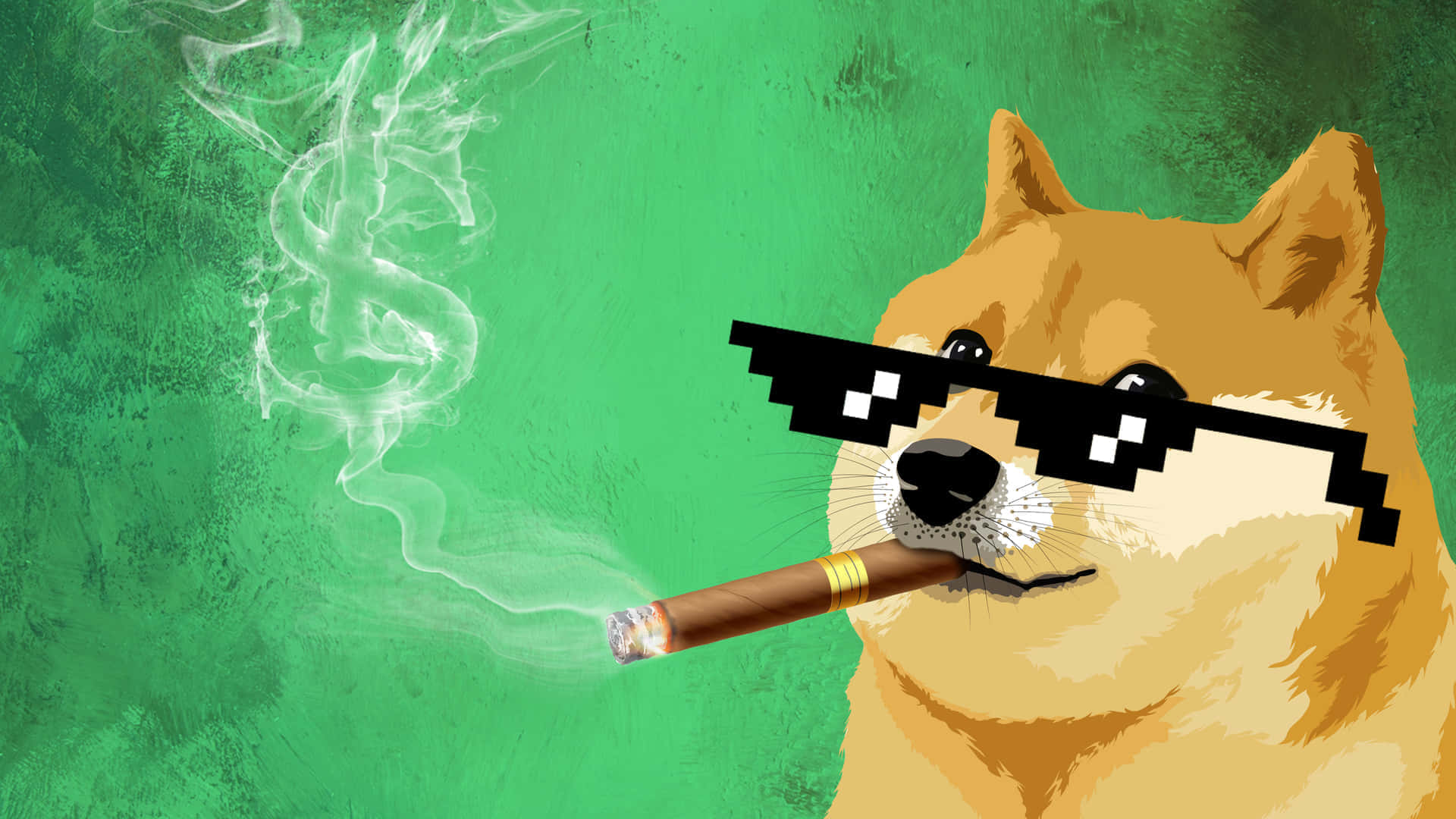 Dog Memes 桌布 壁紙 — 一隻像素化的狗戴著太陽眼鏡抽雪茄，煙霧在綠色紋理背景上形成美元符號。