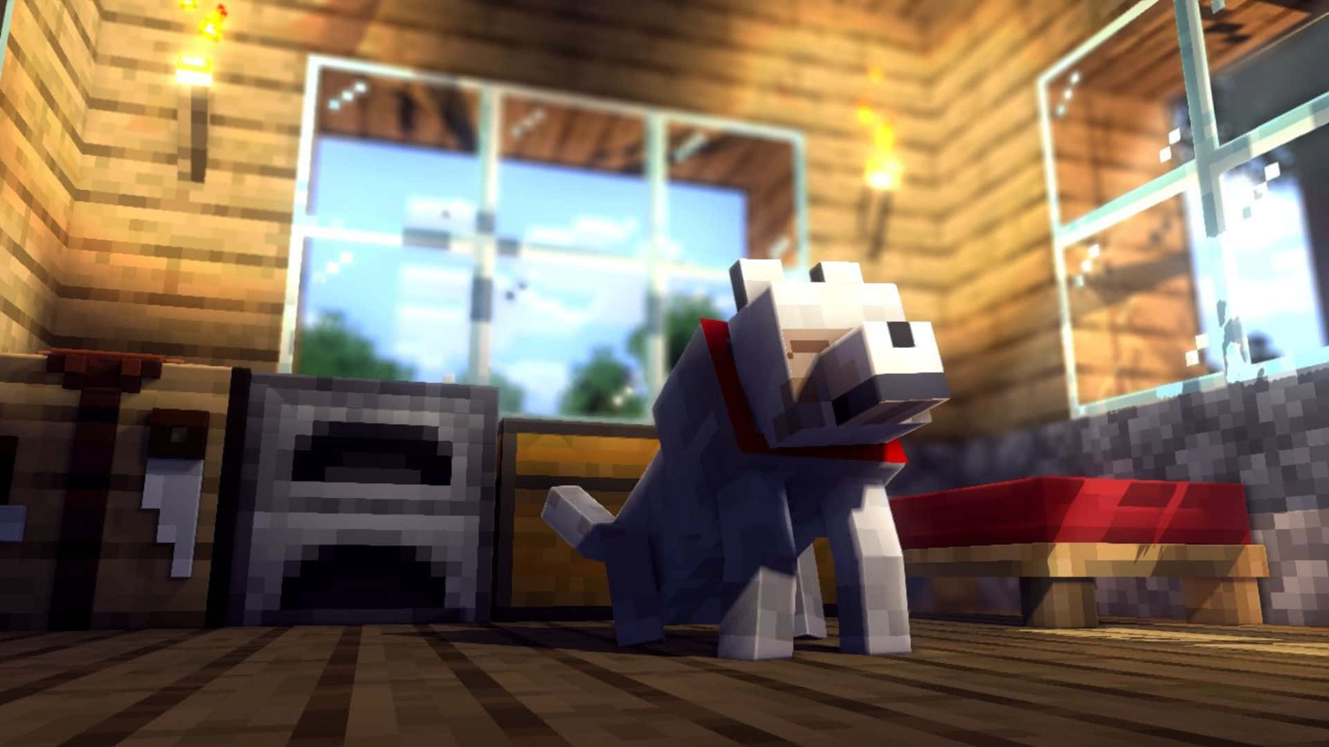 Minecraft Wolf 桌布 壁紙 — 一隻像素化的白色狗戴着紅色項圈，站在一間木製Minecraft屋內，大窗戶顯示外面晴朗的日子。