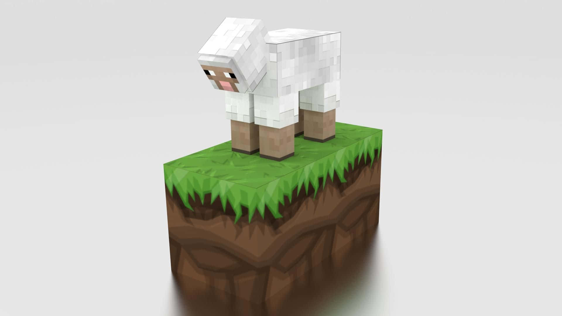 Minecraft Sheep 桌布 壁紙 — 一隻像素化的白色綿羊站在草地和泥土方塊上，背景是純灰色。