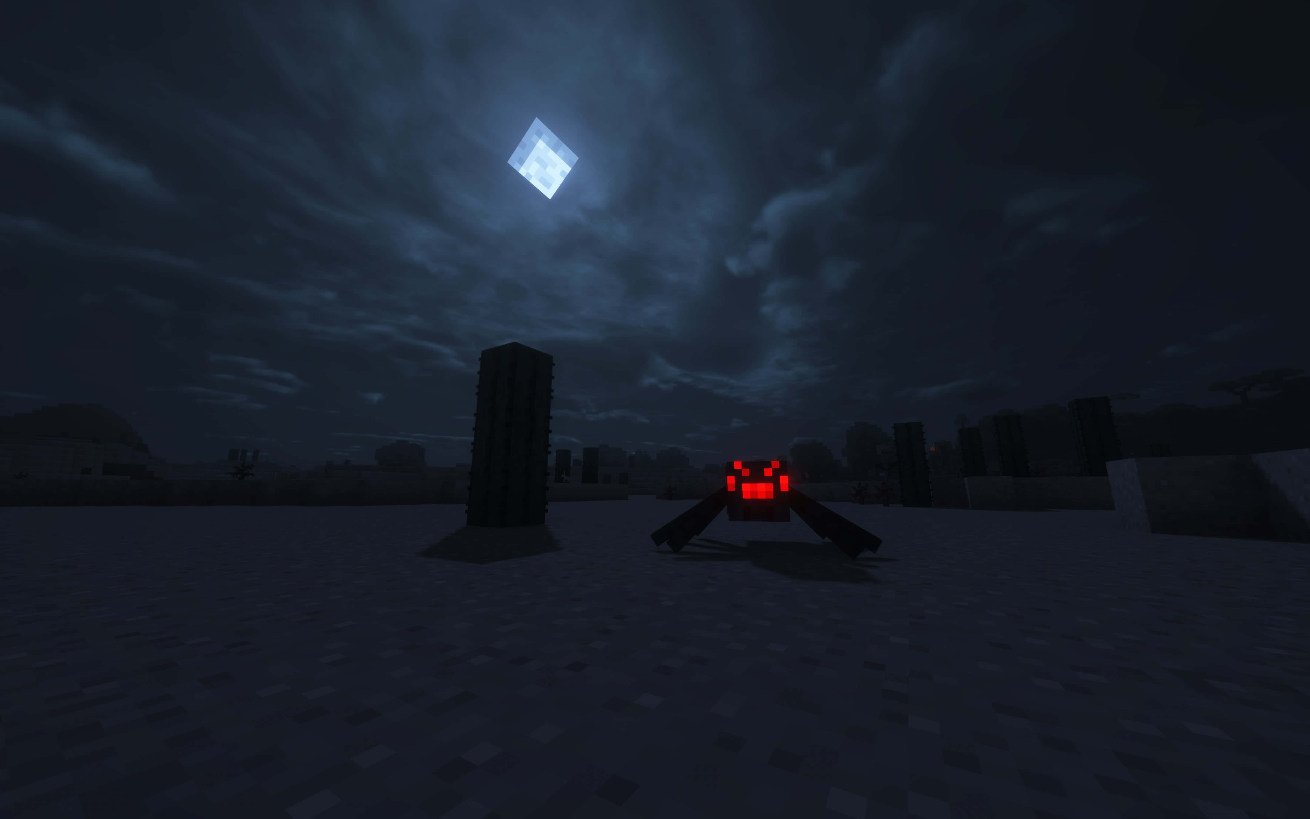 Minecraft Spider 桌布 壁紙 — 一隻像素化的蜘蛛，有著發光的紅色眼睛，站在黑暗的Minecraft夜晚景觀中，下方是發光的方塊月亮。