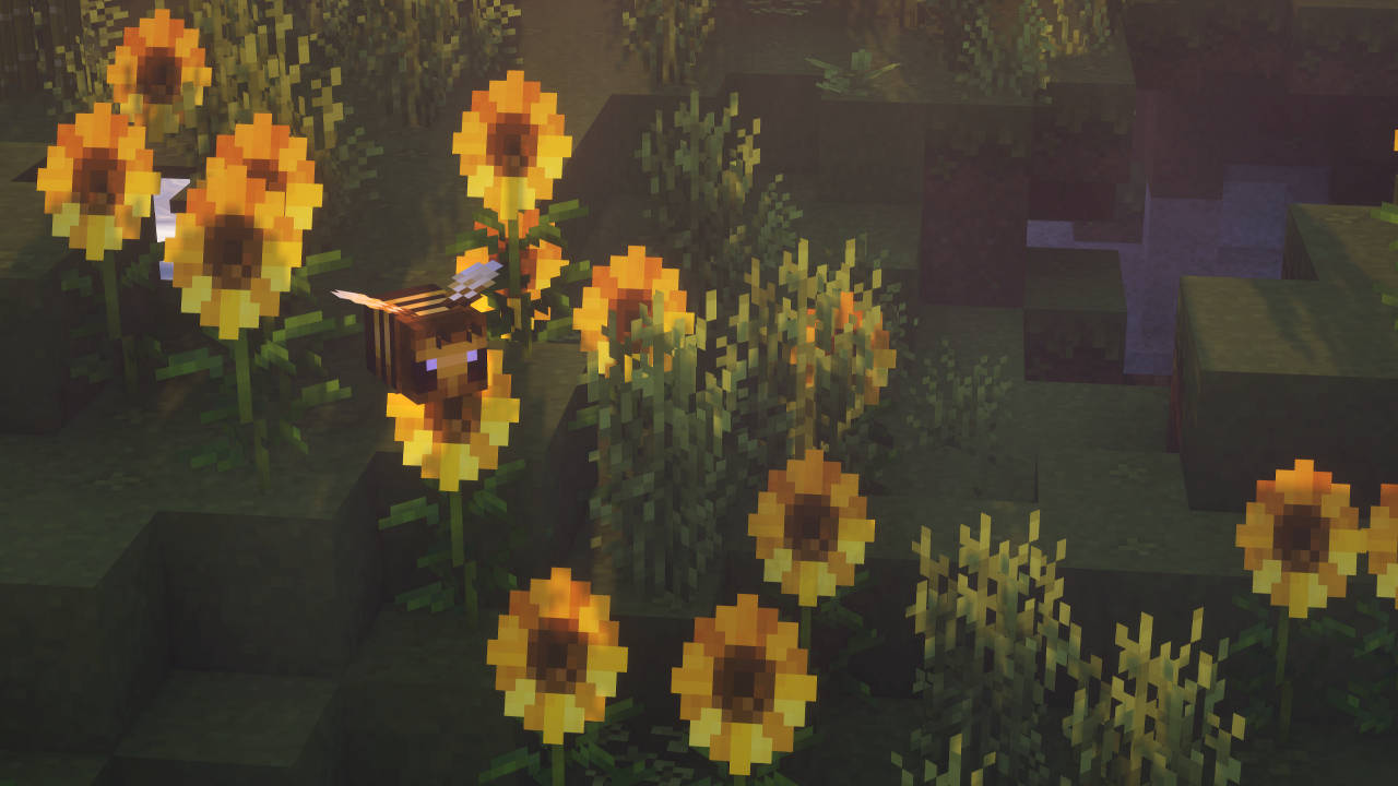 花園 桌布 壁紙 — 一隻像素化的蜜蜂在黃昏時分，於一個方塊狀的Minecraft田野中，在發光的向日葵之間盤旋。
