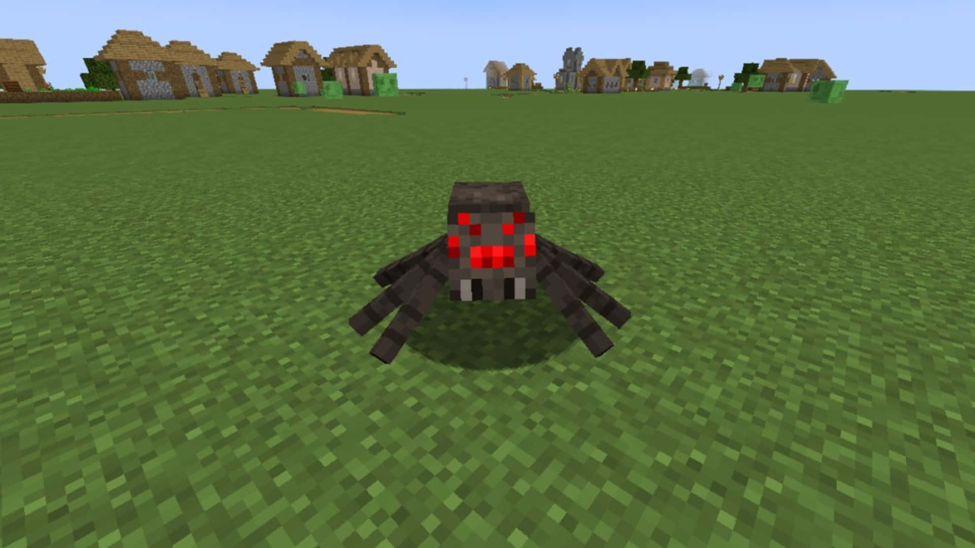 Minecraft Spider 桌布 壁紙 — 一隻像素化的黑色蜘蛛，帶有發光的紅色眼睛，站在Minecraft村莊的綠色草地上。