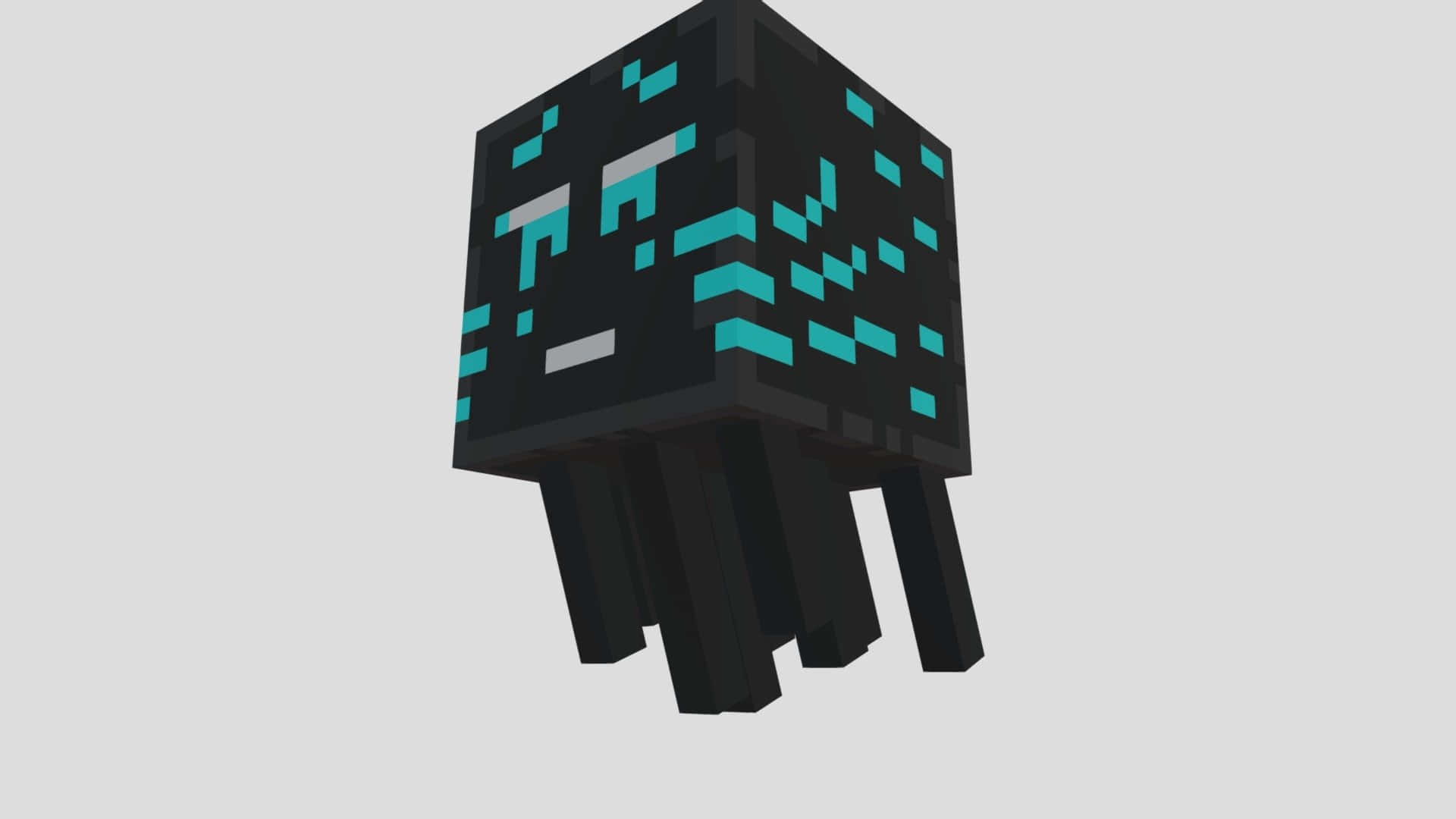 Minecraft Ghast 桌布 壁紙 — 一隻像素化的黑色魷魚，帶有發光的青色眼睛和觸手，站在純灰色背景前。