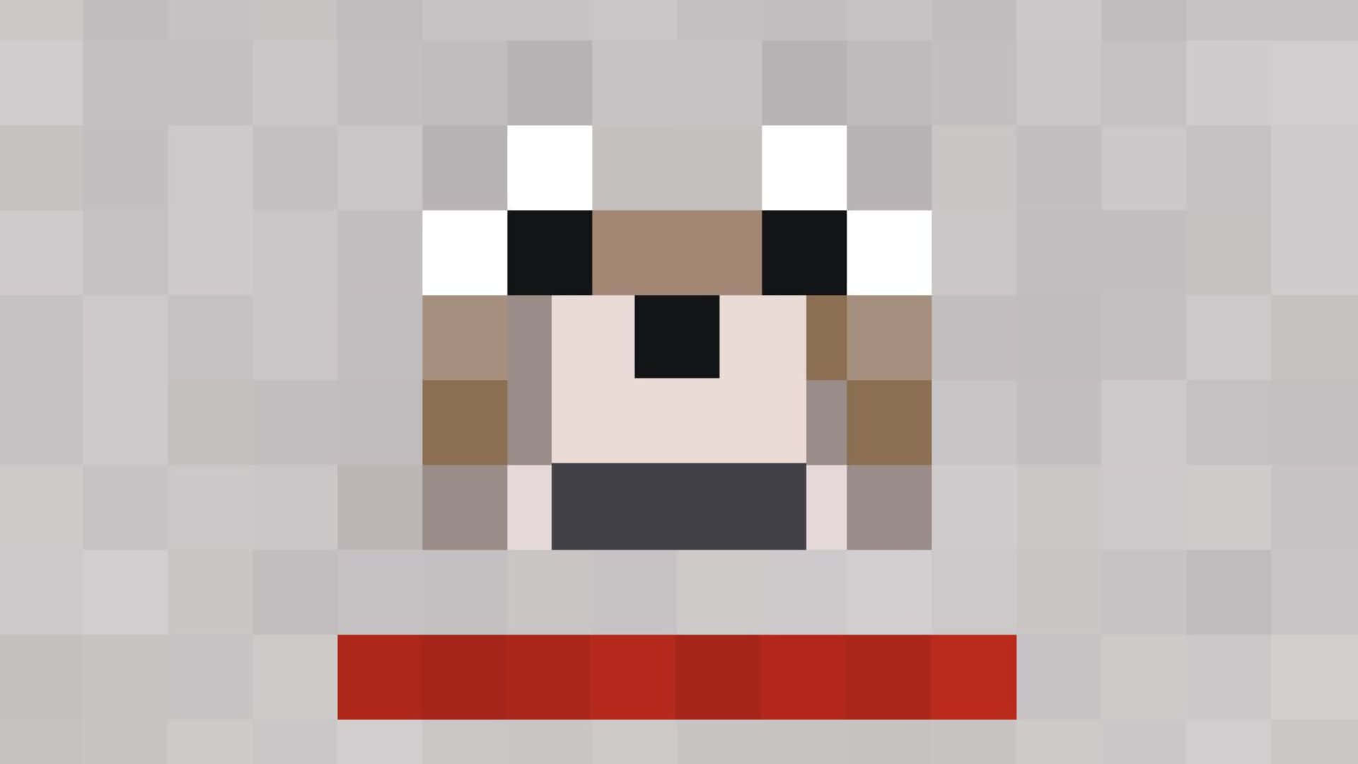 Minecraft Wolf 桌布 壁紙 — 一隻像素化綿羊，白色眼睛，紅色項圈，站在灰色格仔背景前。