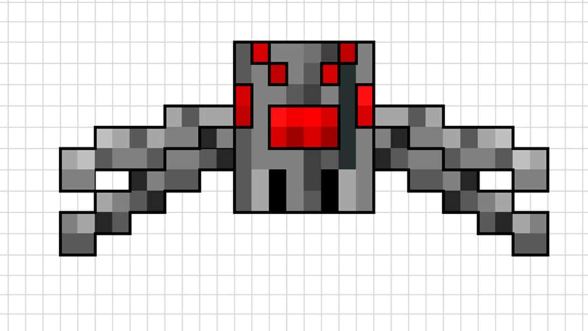 Minecraft Spider 桌布 壁紙 — 一隻像素化蜘蛛，灰色身體，紅色眼睛和嘴巴，站在方格紙上。