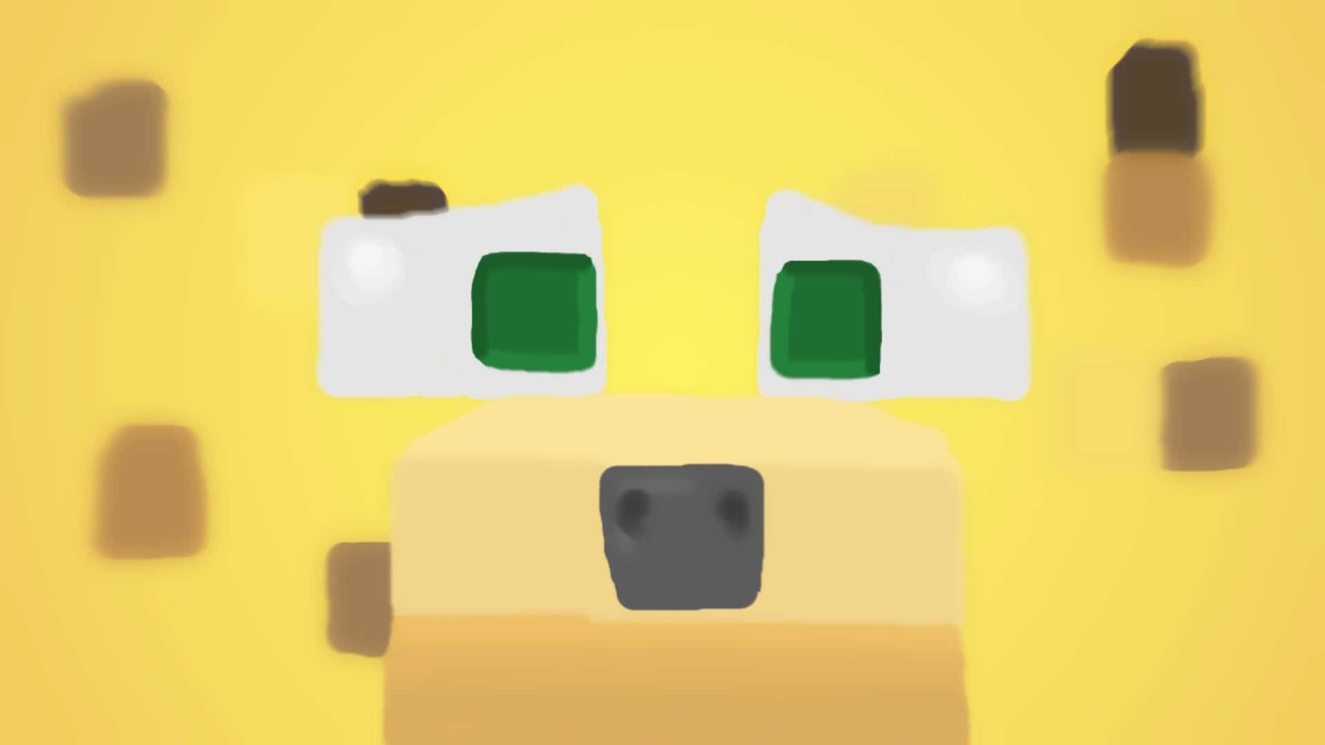 Minecraft Ocelot 桌布 壁紙 — 一隻像素化黃色豬，有綠色眼睛和黑色鼻子，在亮黃色背景上向前凝視。