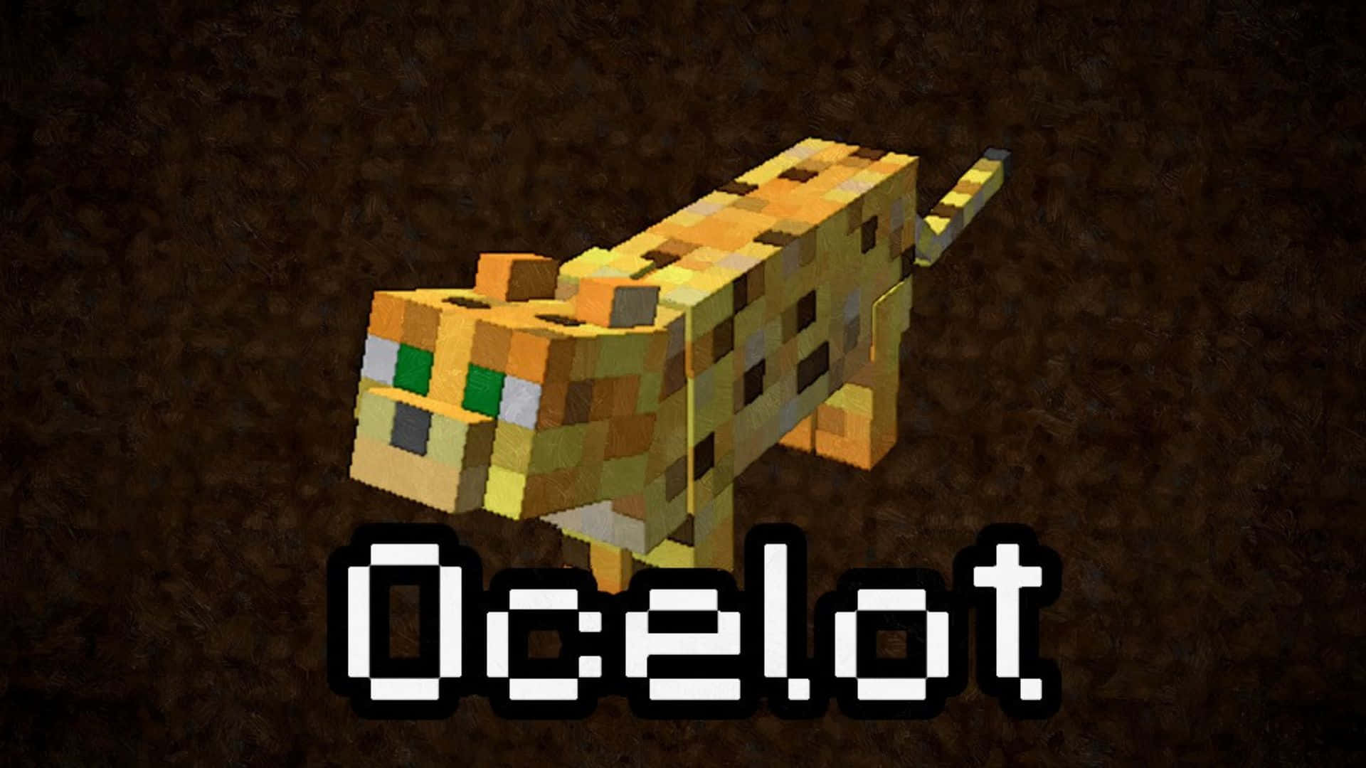 Minecraft Ocelot 桌布 壁紙 — 一隻像素風的虎貓，帶有黃色和黑色斑點，站在深色紋理背景前，下方有「Ocelot」字樣。