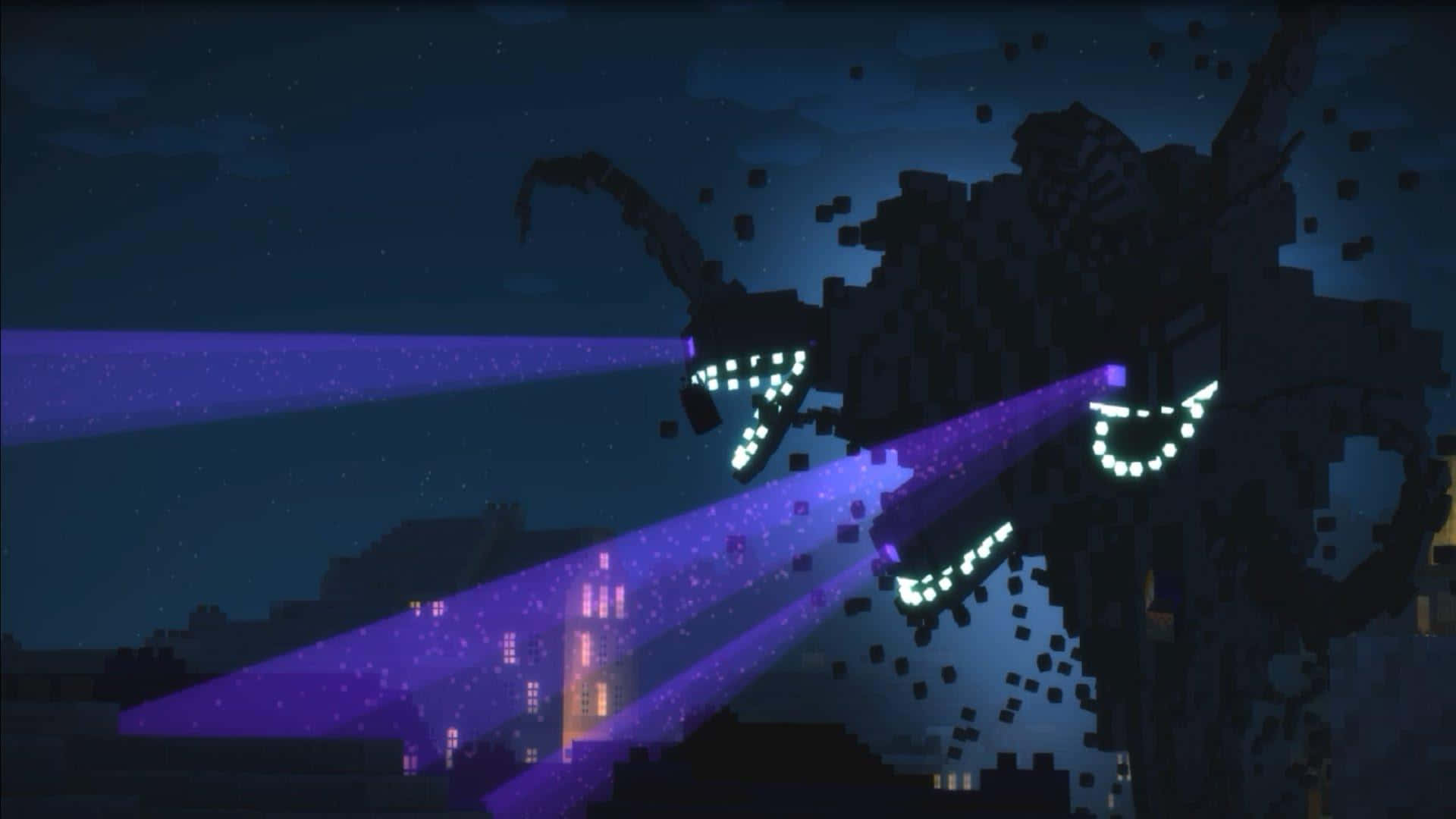 Minecraft Wither 桌布 壁紙 — 一隻像素龍，眼睛發光，在夜間向塊狀城市景觀發射紫色光芒。