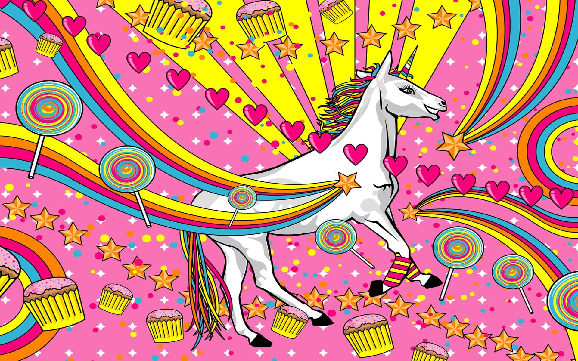 Psychedelic Animals 桌布 壁紙 — 一隻充滿活力的卡通獨角獸在充滿糖果的天空中奔馳，背景是粉紅色星空，點綴著彩虹、棒棒糖和杯子蛋糕。