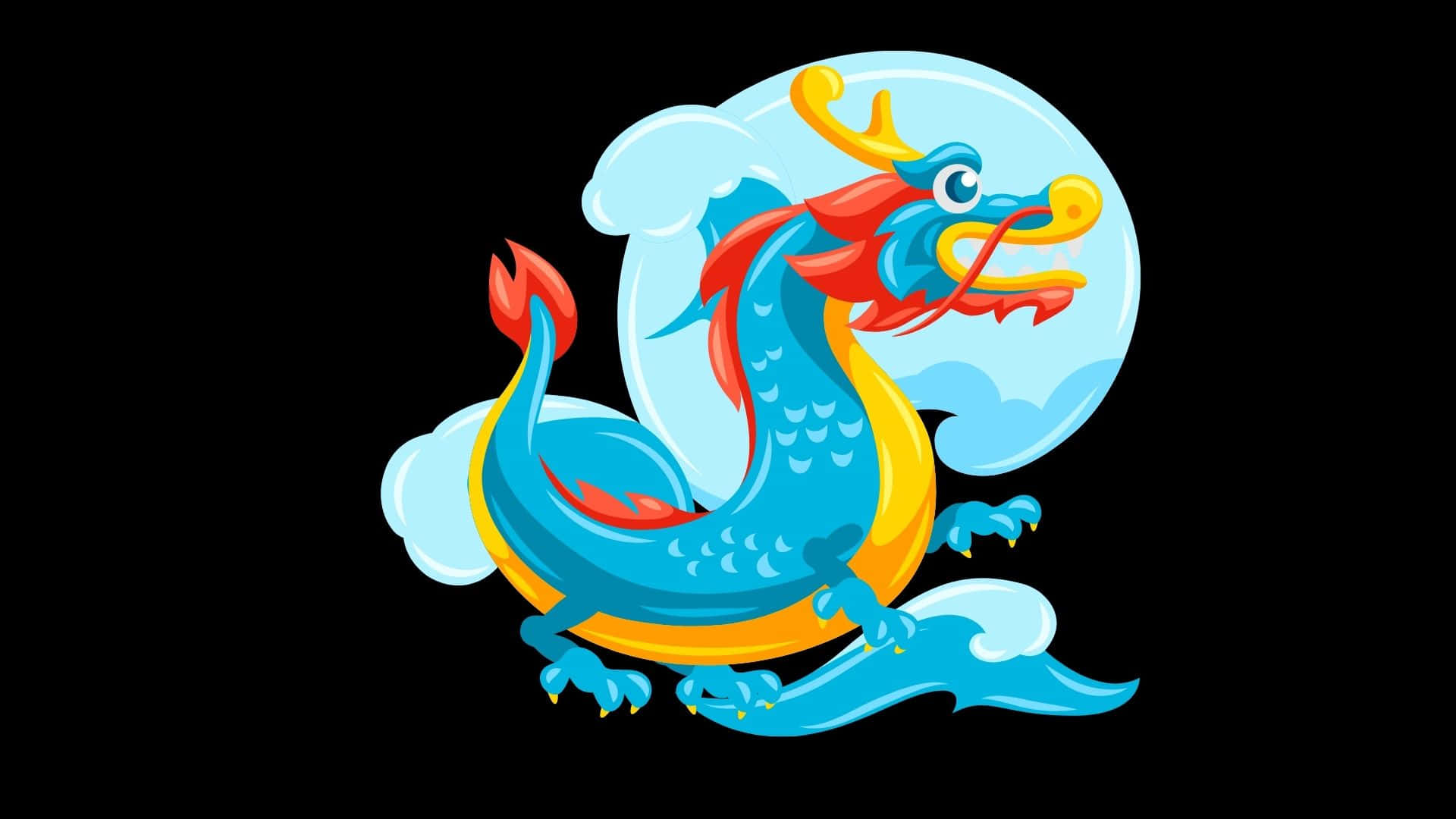 Blue Dragon 桌布 壁紙 — 一隻充滿活力的卡通龍，帶有藍色鱗片和紅色點綴，在黑色背景上穿過風格化的雲層翱翔。