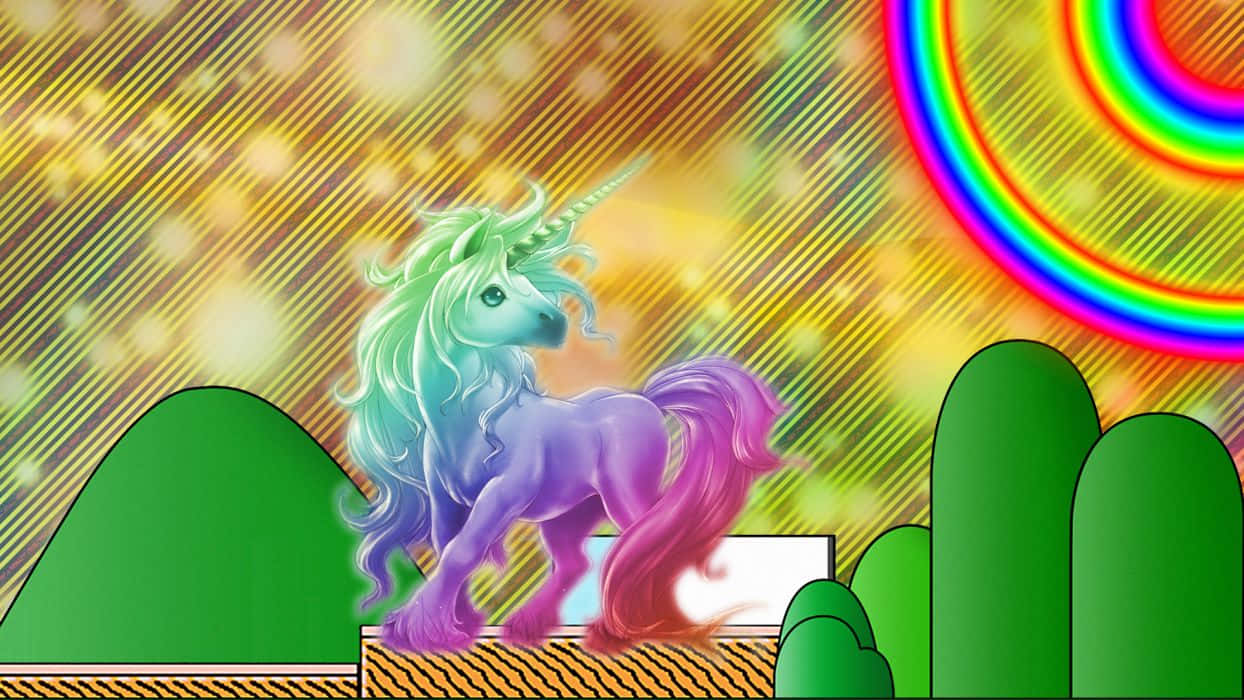 Trippy Animals 桌布 壁紙 — 一隻充滿活力的彩虹獨角獸站在條紋平台上，背景是閃耀的金色天空和色彩繽紛的拱形。