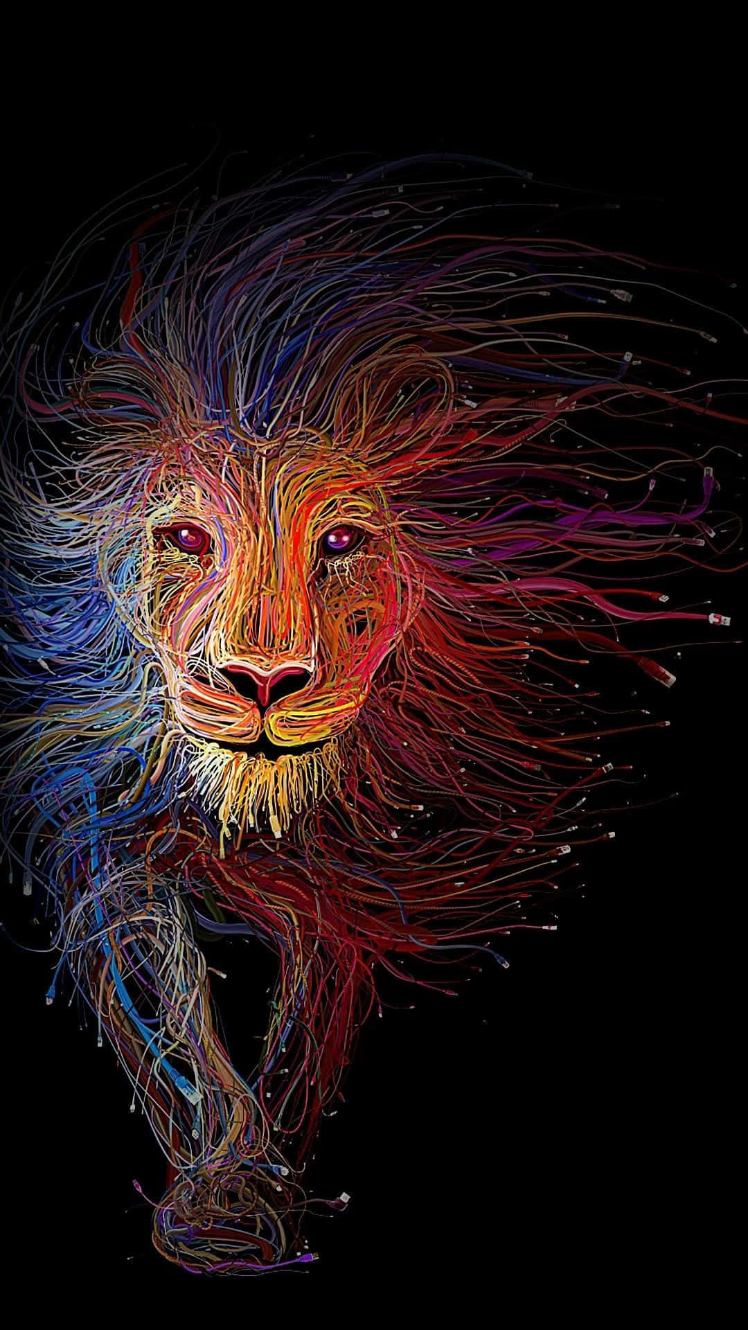 獅子 桌布 壁紙 — 一隻充滿活力的數碼獅子，在黑色背景上帶有多色纖維狀鬃毛條紋。