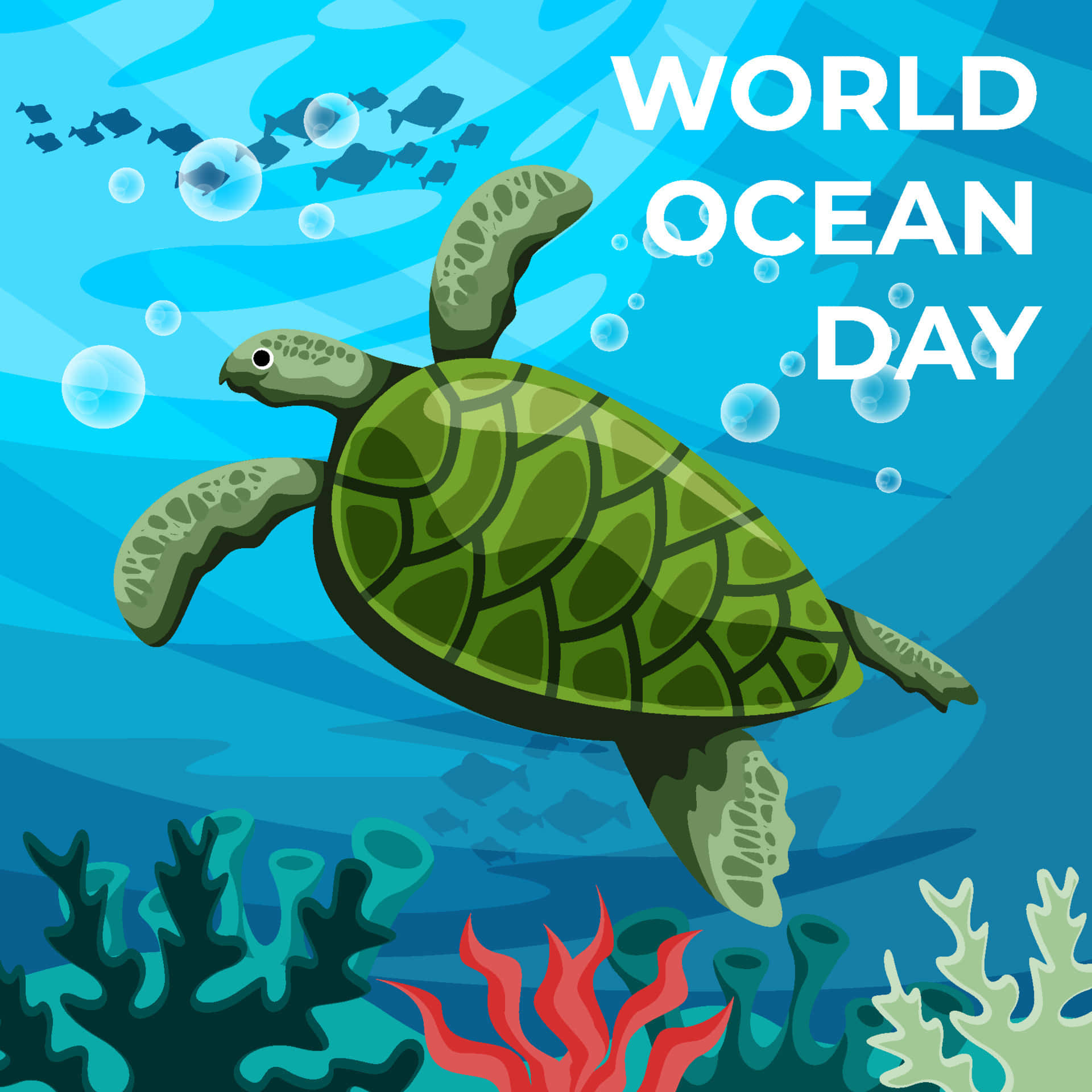 sea turtle 桌布 壁紙 — 一隻充滿活力的綠海龜在藍色海洋中滑過珊瑚礁，附近漂浮著「World Ocean Day」文字。