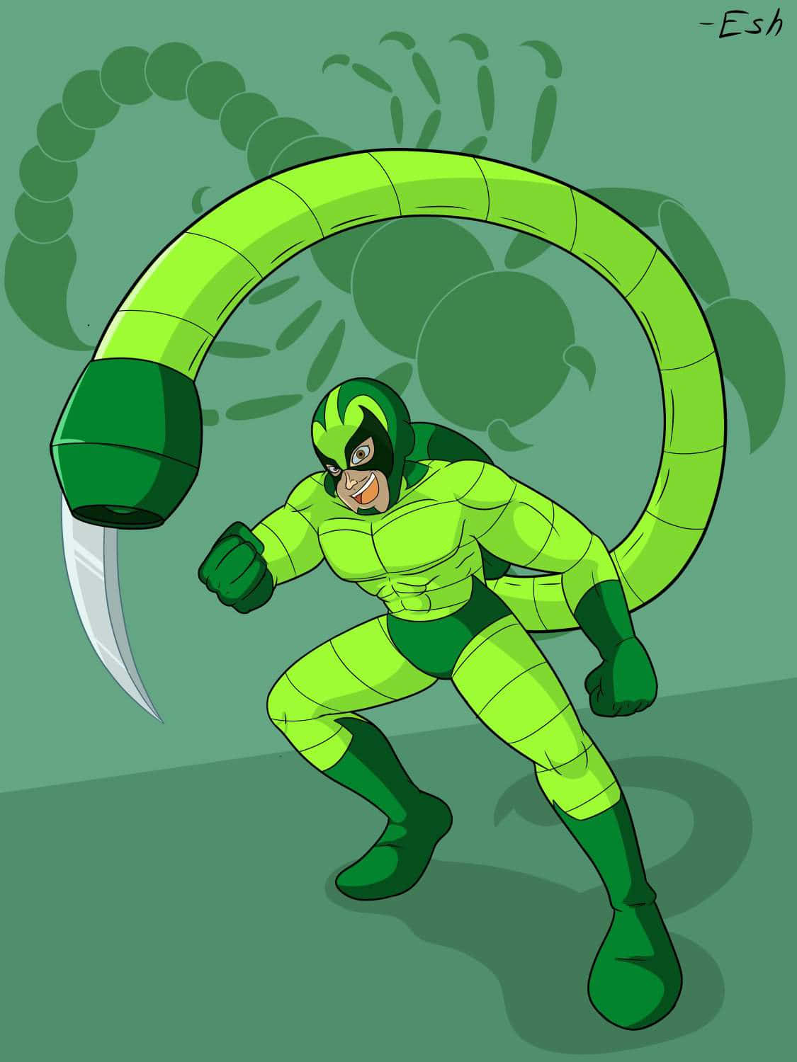 The Scorpion 桌布 壁紙 — 一隻充滿活力的綠色蠍子超級英雄，以動感姿勢呈現，彎曲的尾巴和鋒利的毒刺，背景為柔和的綠色。