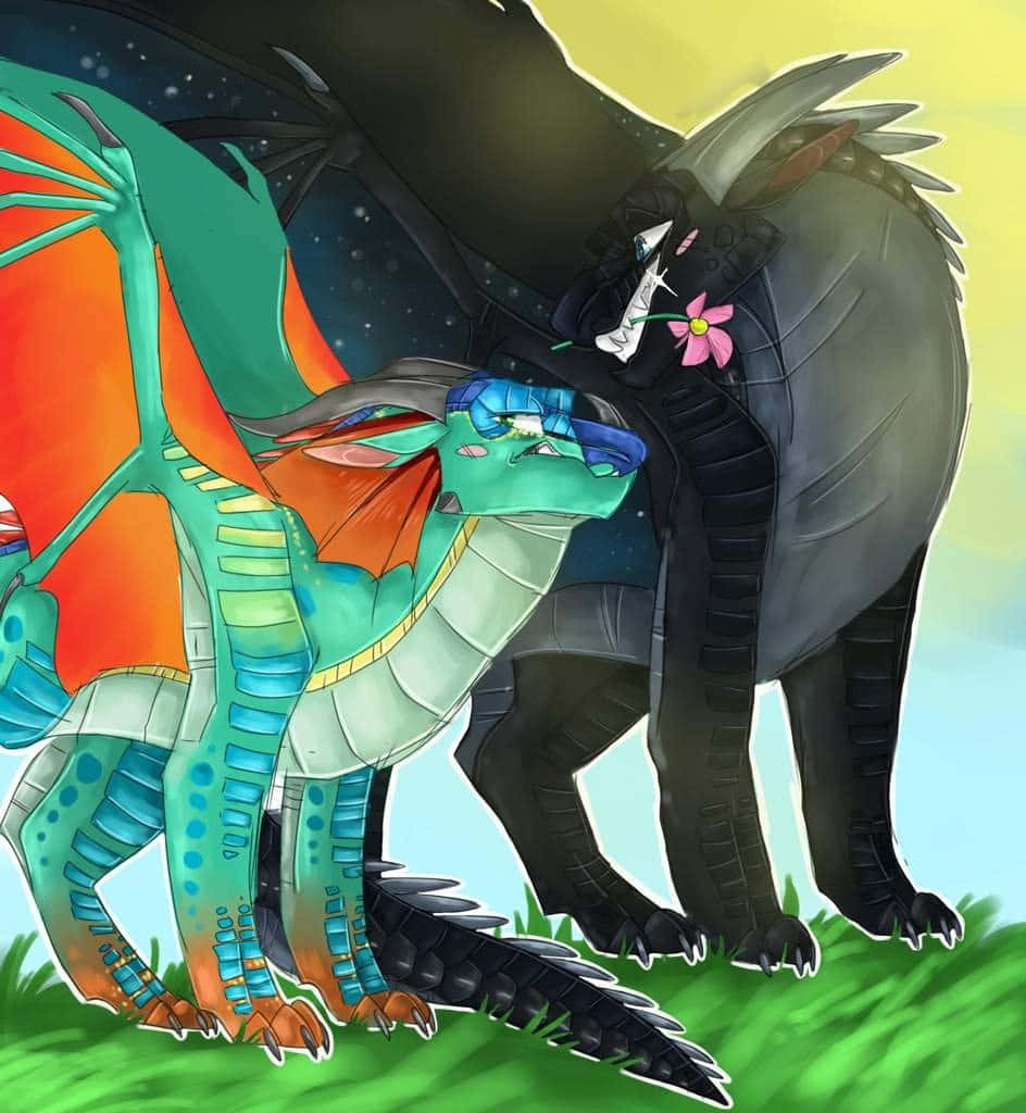 Wings Of Fire 桌布 壁紙 — 一隻充滿活力的青綠色龍，擁有橙色翅膀，在星空背景下蹭著一隻拿著粉紅色花朵的深灰色龍。