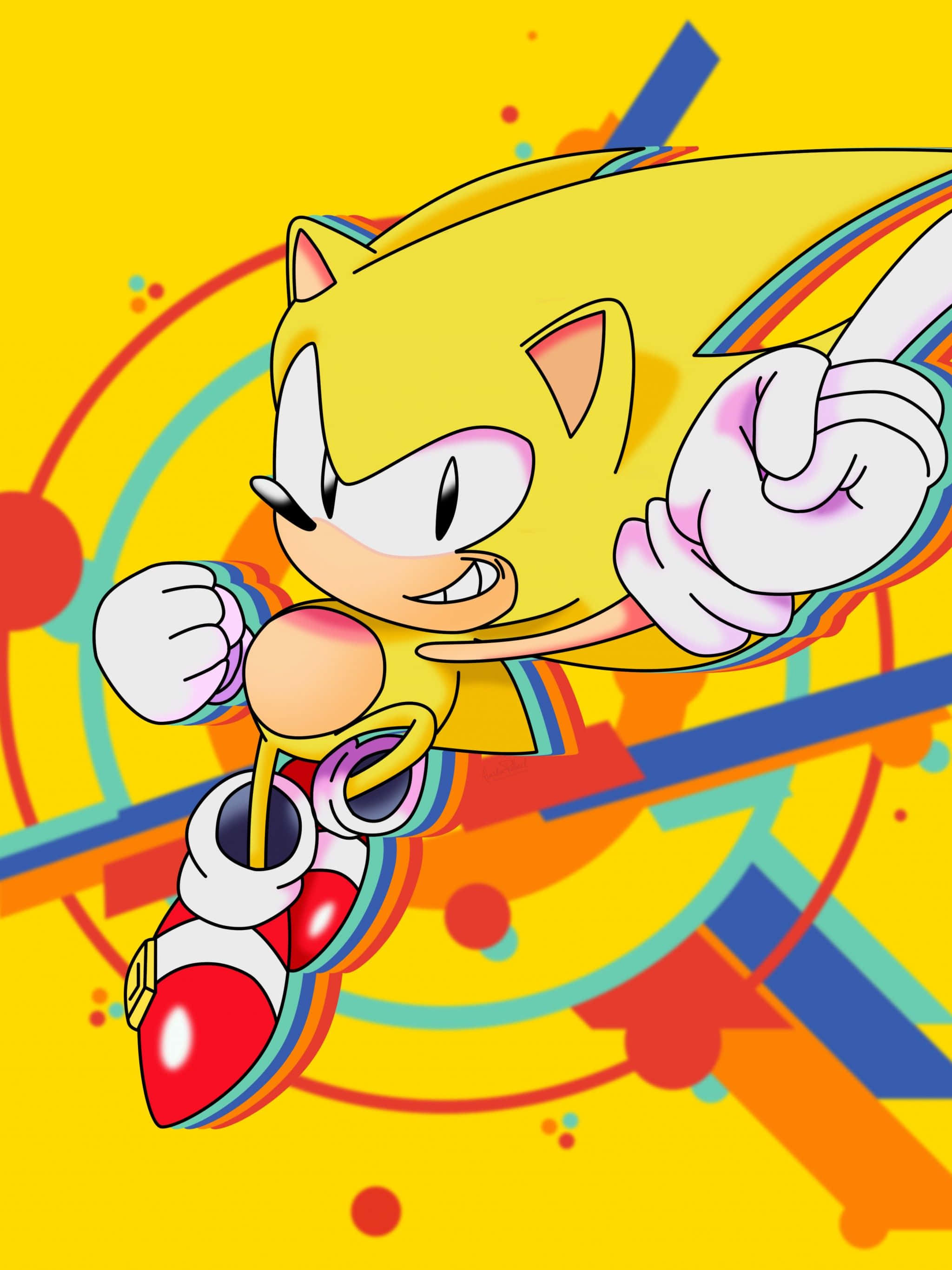 Sonic Cd 桌布 壁紙 — 一隻充滿活力的黃色刺蝟在明亮的黃色背景上，伴隨著彩虹軌跡和色彩繽紛的抽象形狀向前衝刺。