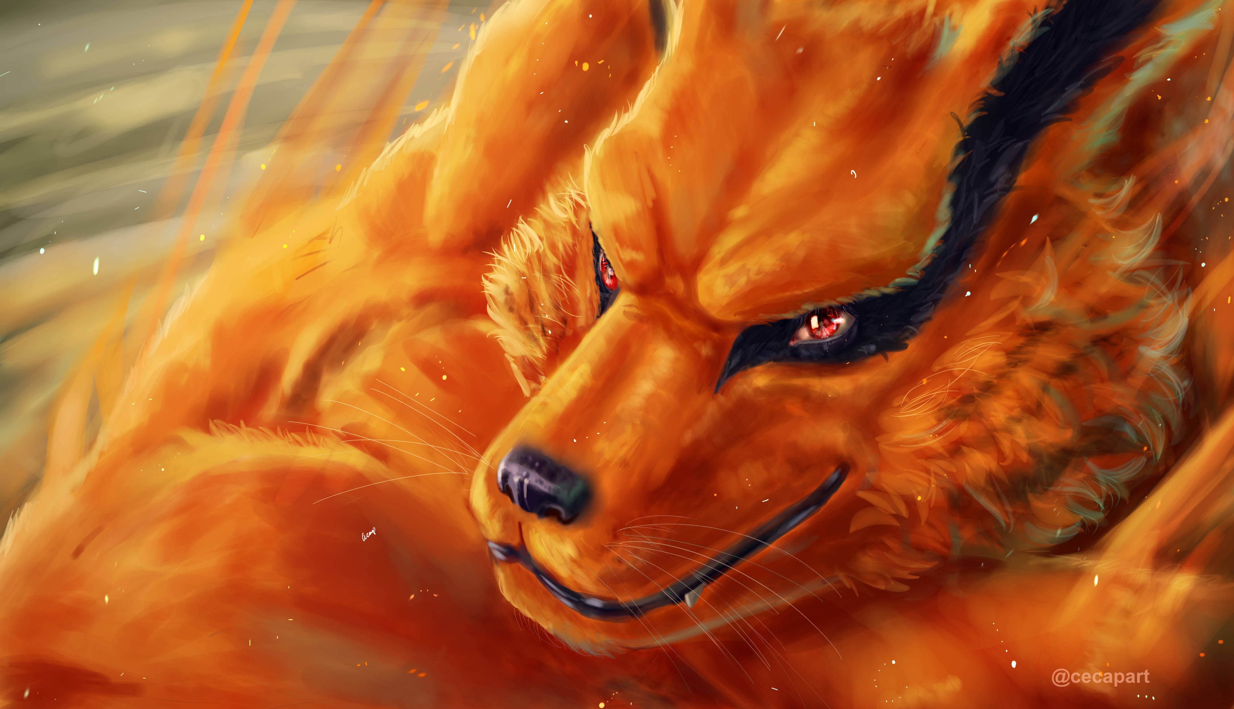 Kurama 桌布 壁紙 — 一隻兇猛的九尾狐，擁有發光的紅色眼睛和火橙色毛髮，在旋轉的火焰中咆哮。
