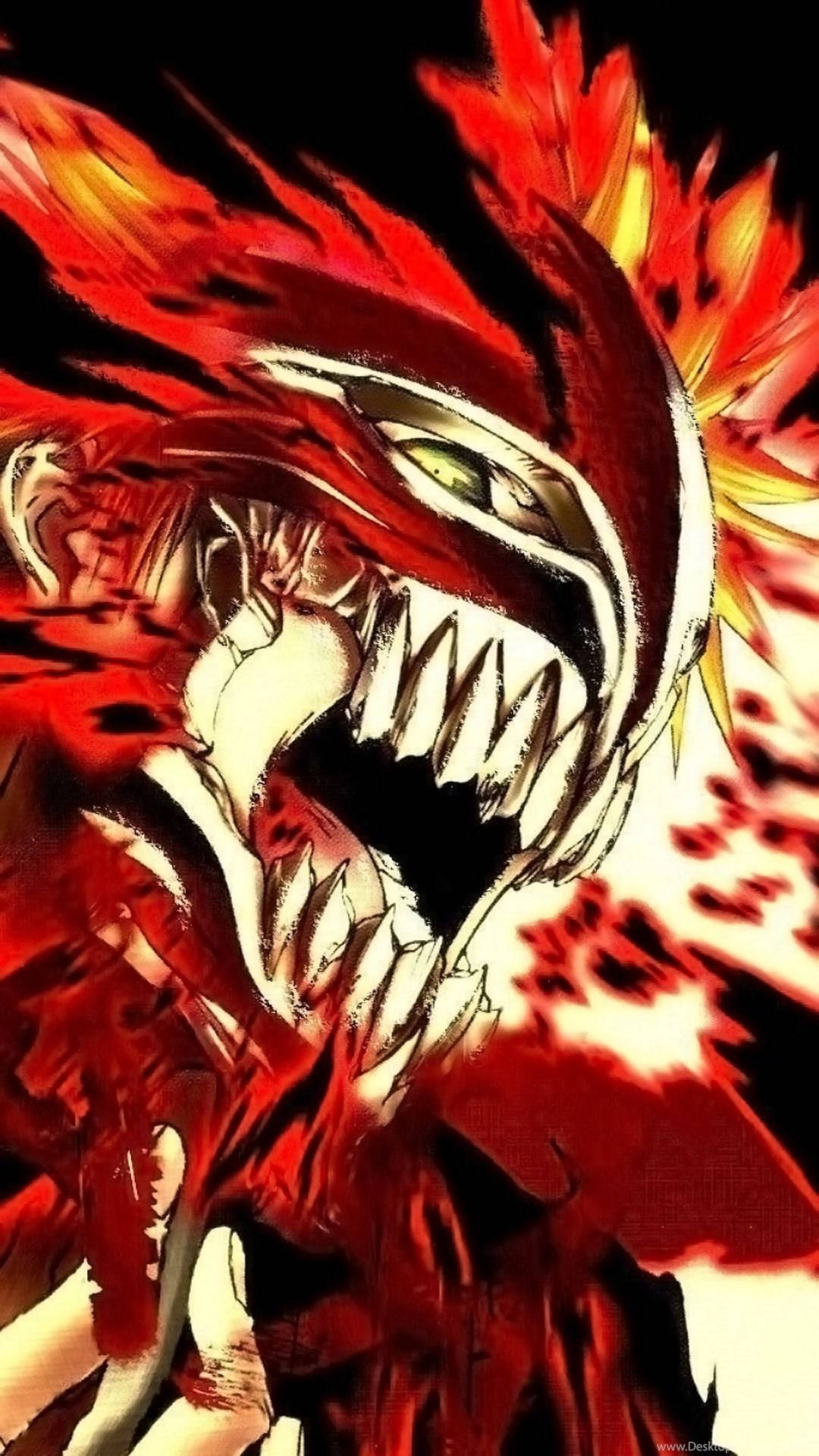 Bleach iPhone 桌布 壁紙 — 一隻兇猛的動漫怪物，有著發光的綠色眼睛和火紅色的鬃毛，在黑色背景上咆哮。