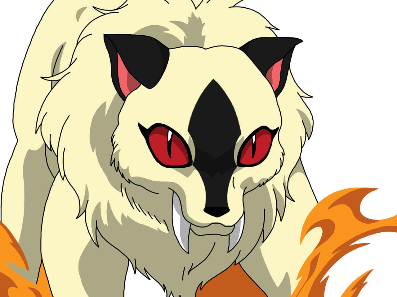 Inuyasha Nekomata 桌布 壁紙 — 一隻兇猛的動漫狼，擁有奶油色毛皮、黑色斑紋、紅色眼睛和兩側的火焰，正凝視著。