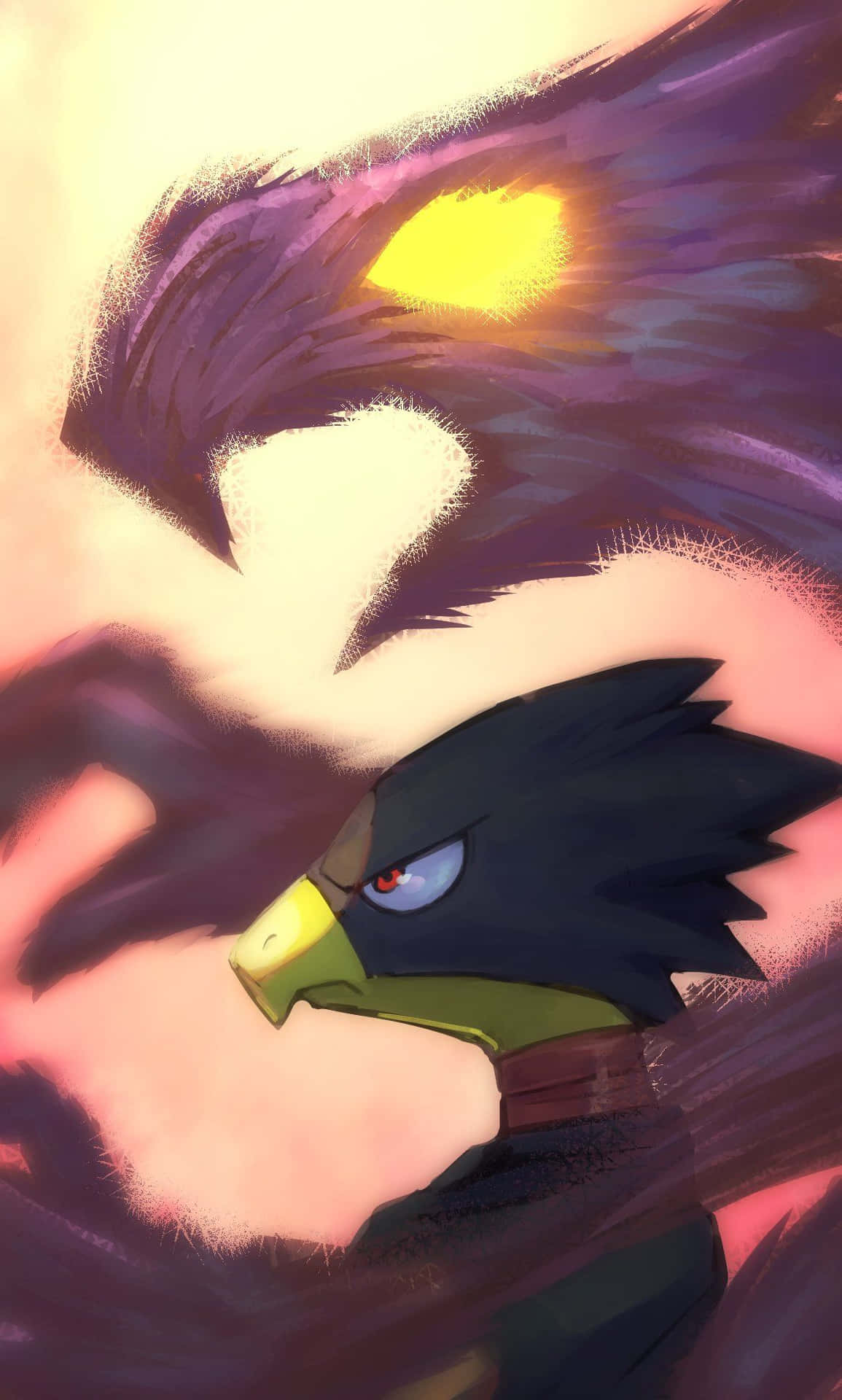 Fumikage Tokoyami 桌布 壁紙 — 一隻兇猛的動漫老鷹，有著發光的黃色眼睛和紫色羽毛，在溫暖的漸變天空中翱翔。