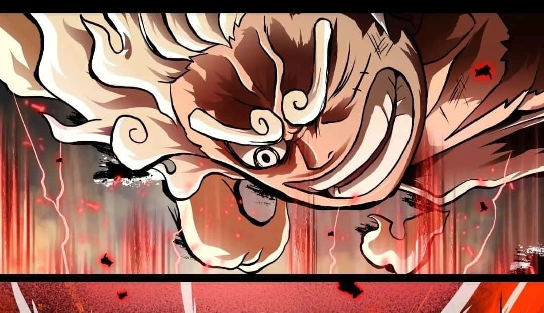 Yonko 桌布 壁紙 — 一隻兇猛的動漫龍，擁有盤旋的角和發光的眼睛，在紅色閃電和血濺中咆哮。