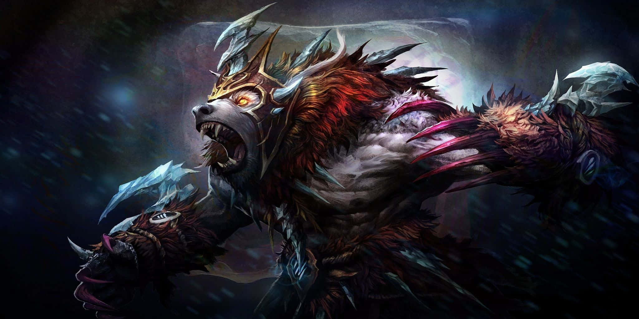 Dota 桌布 壁紙 — 一隻兇猛的惡魔野獸，眼睛發光，身披尖刺盔甲，在黑暗的宇宙背景下咆哮。