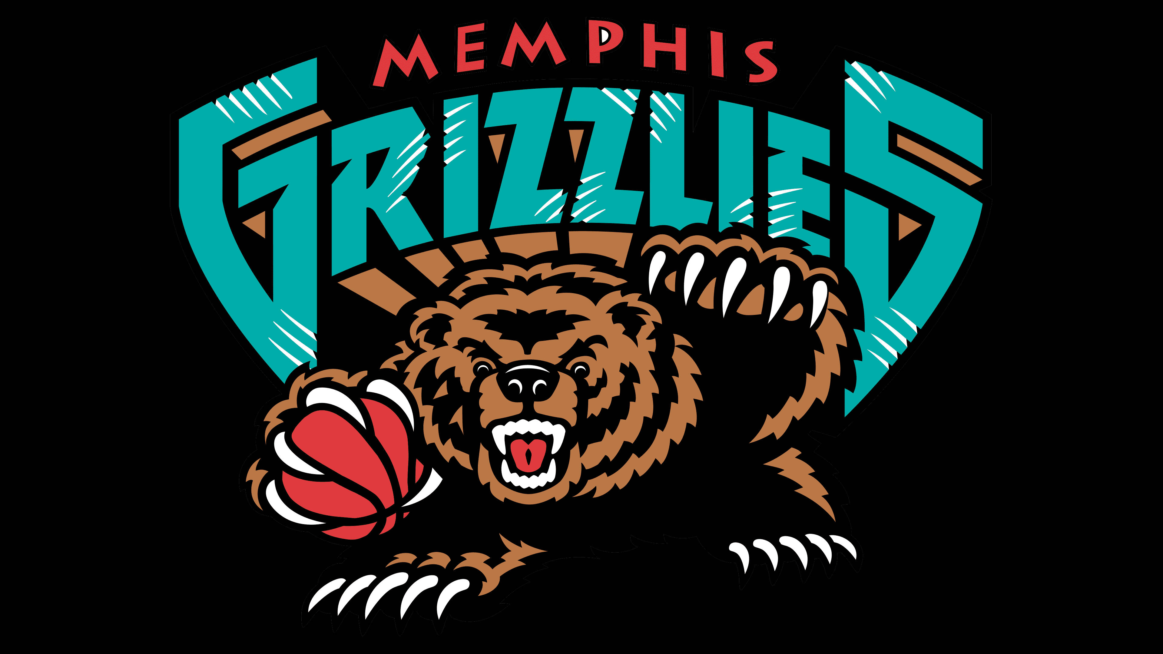 Memphis Grizzlies Logo 桌布 壁紙 — 一隻兇猛的棕色灰熊抓住一個紅色籃球，下方是黑色背景上大膽的青綠色和紅色 'MEMPHIS GRIZZLIES' 字樣。