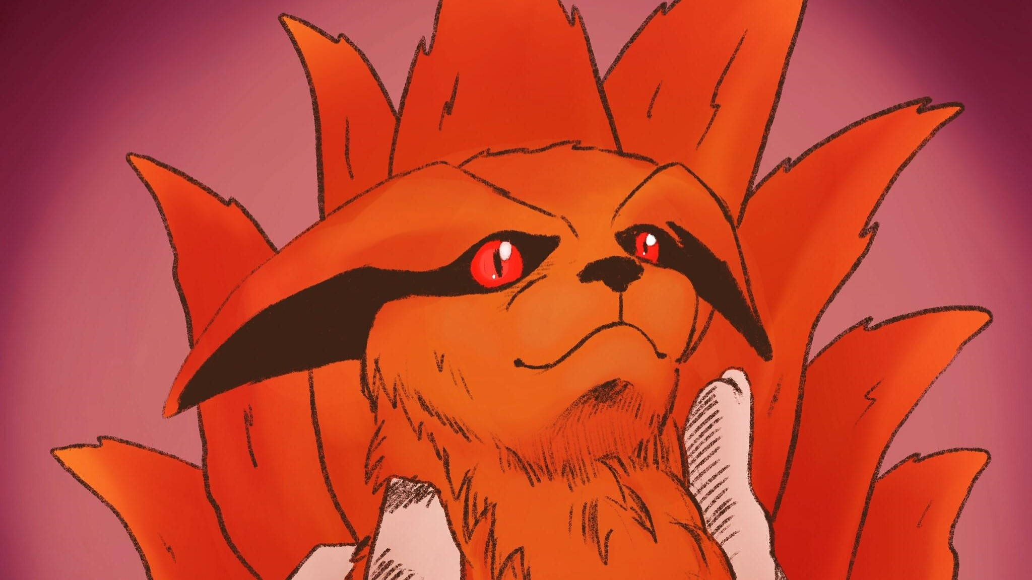 Kurama 桌布 壁紙 — 一隻兇猛的橙色九尾狐，擁有發光的紅色眼睛，在紫色背景下強烈凝視。