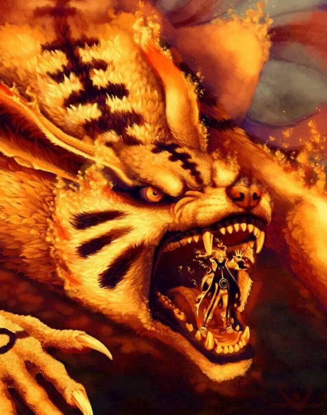 Kurama 桌布 壁紙 — 一隻兇猛的橙色虎狀野獸咆哮著，眼睛發光，一個小忍者挑釁地站在牠張開的嘴裡。