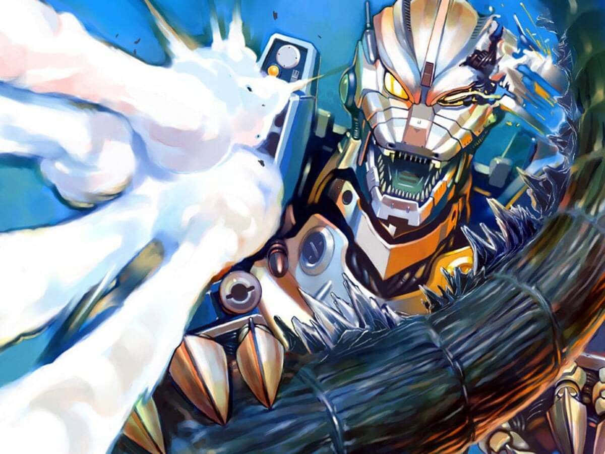 mechagodzilla 桌布 壁紙 — 一隻兇猛的機械怪物，有著發光的黃色眼睛和鋒利的牙齒，從它的加農炮手臂發射強大的能量爆炸。