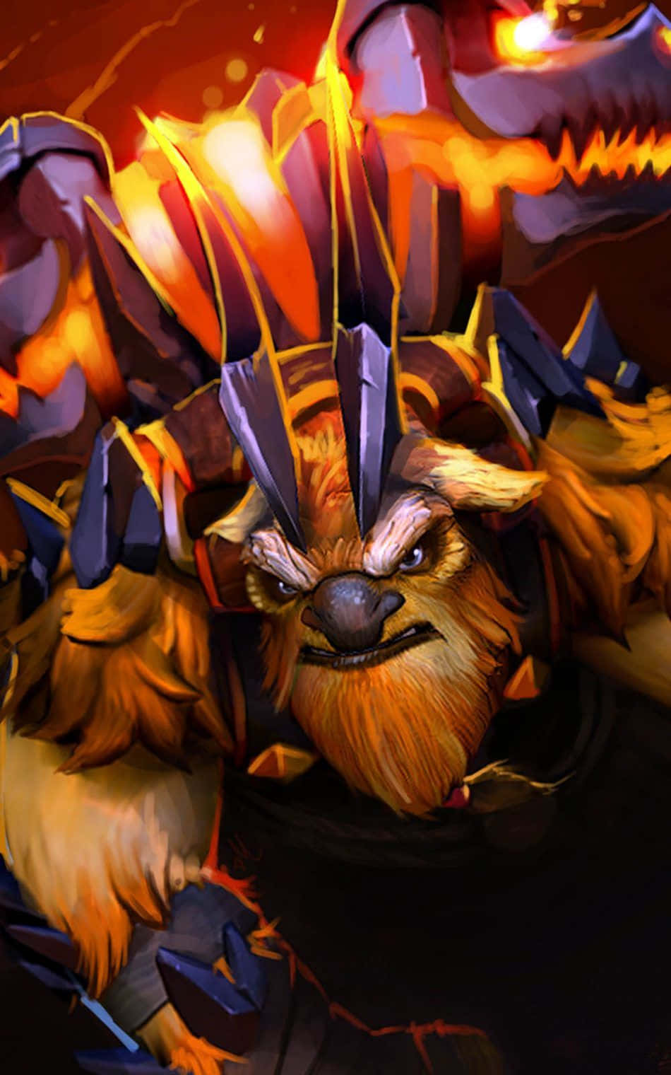 Dota 桌布 壁紙 — 一隻兇猛的毛茸茸生物，擁有發光的眼睛和鋸齒狀的盔甲，在熾熱的橙色和紫色火焰中咆哮。