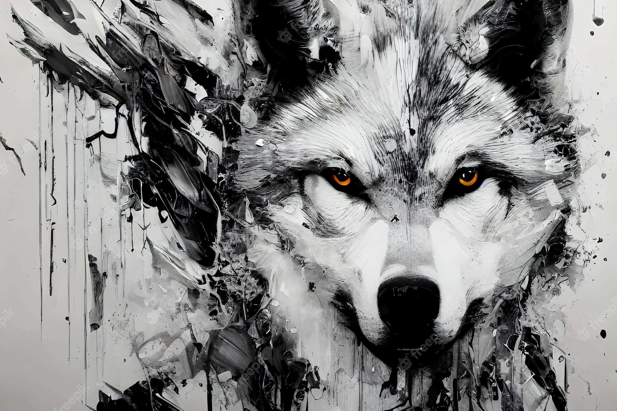 Wolf Art 桌布 壁紙 — 一隻兇猛的狼，琥珀色發光的眼睛，在混亂的黑白油漆飛濺和滴落中向前凝視。
