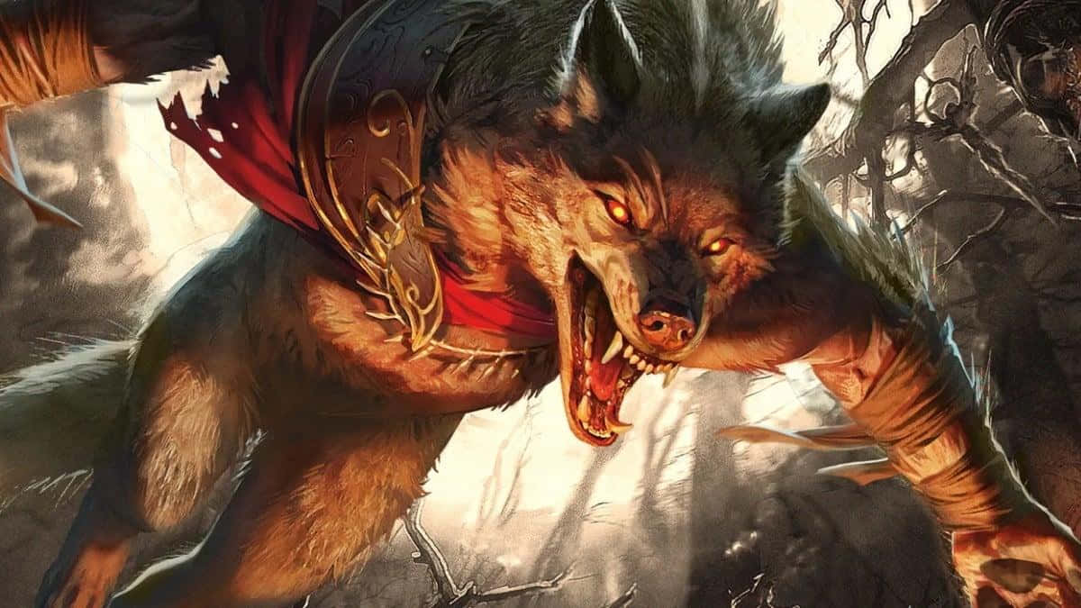 Wolf Attack 桌布 壁紙 — 一隻兇猛的狼人，擁有發光的橙色眼睛和紅色圍巾，穿過長滿節瘤樹木的黑暗森林向前猛撲。