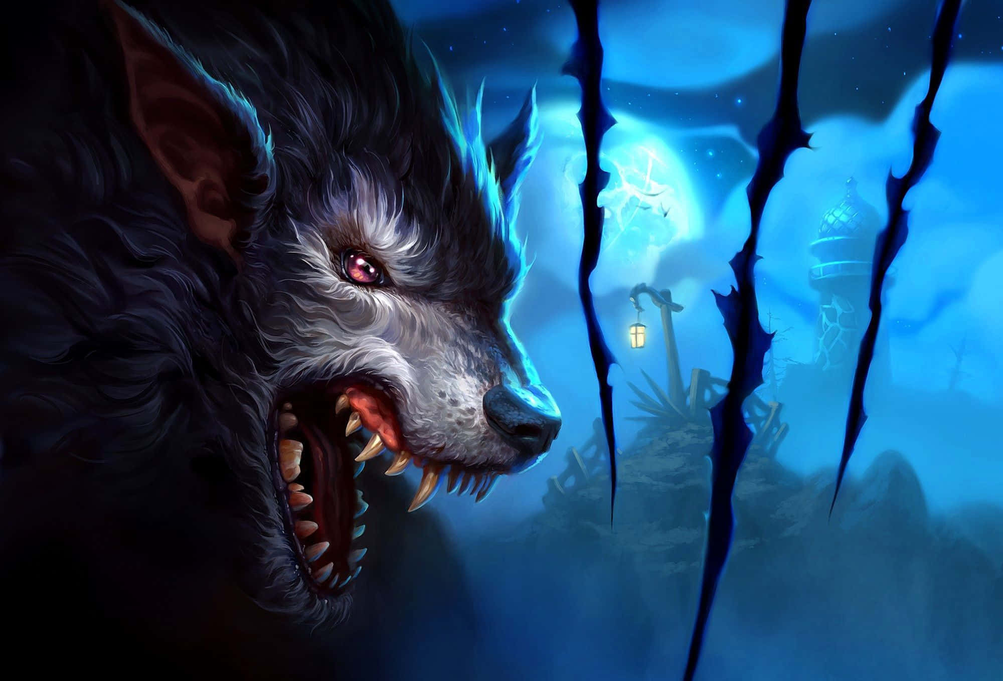 Angry Wolf 桌布 壁紙 — 一隻兇猛的狼人，眼睛發出紅光，在發光的藍色月亮下，穿過鋸齒狀的黑色鐵欄杆咆哮。