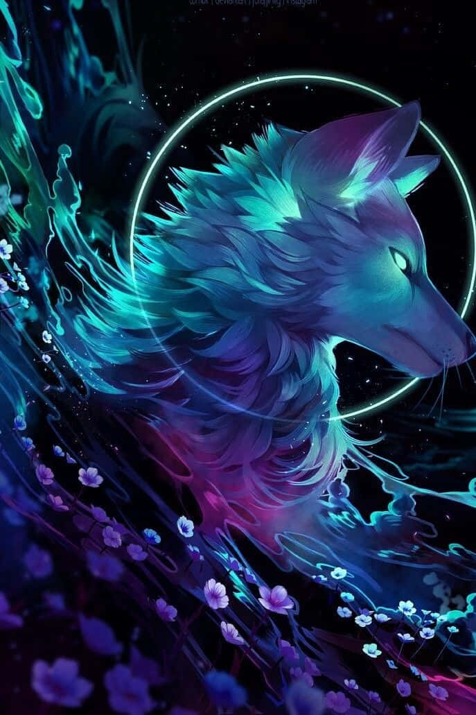 發光毛皮的霓虹狼，被花朵和宇宙環包圍在太空中。