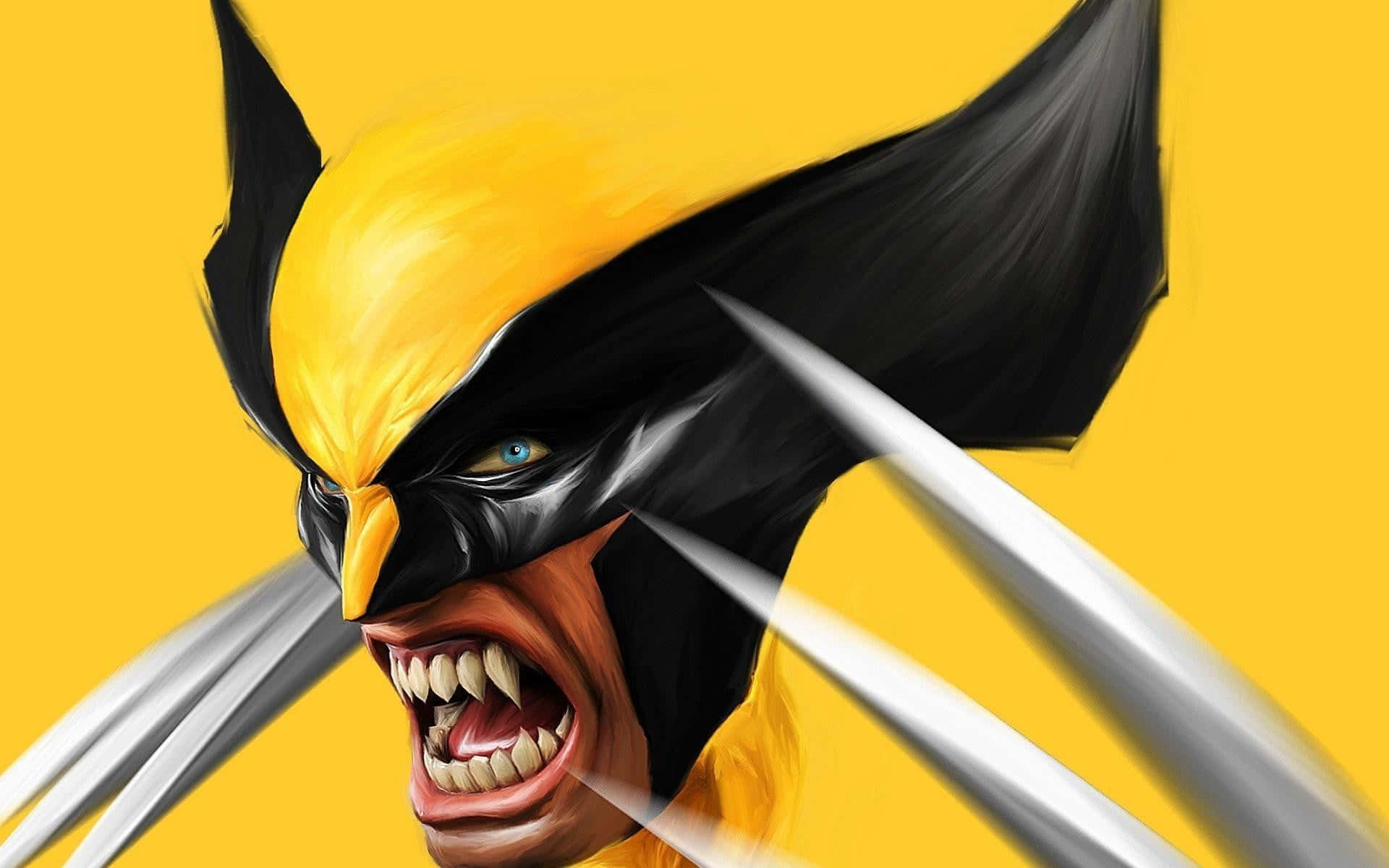 Adamantium 桌布 壁紙 — 一隻兇猛的狼獾在鮮黃色背景上伸出爪子咆哮的動態數位藝術。