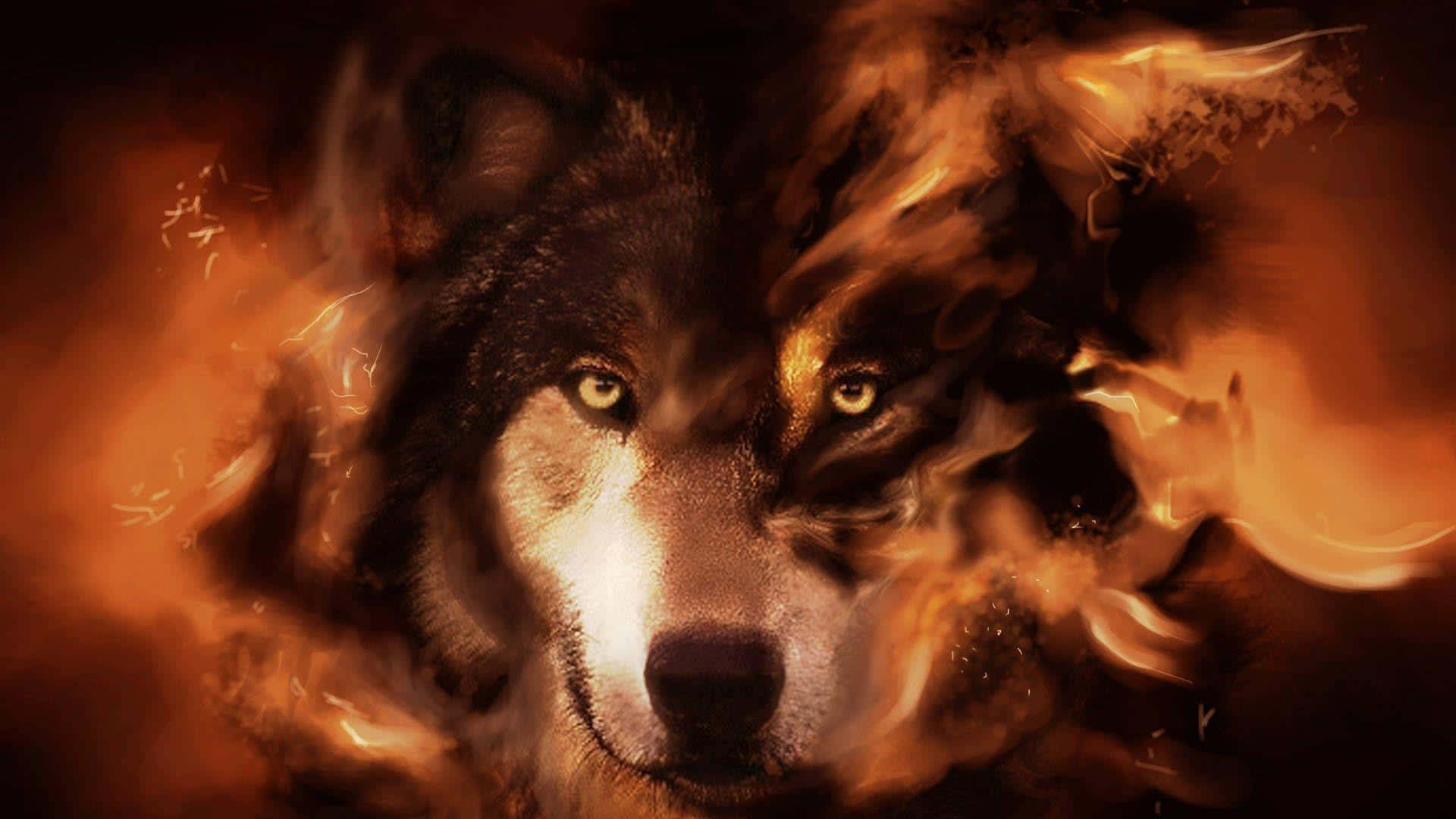 3d Wolf 桌布 壁紙 — 一隻兇猛的狼臉從旋轉的火焰中浮現，琥珀色的眼睛在黑暗的火熱背景下閃閃發光。