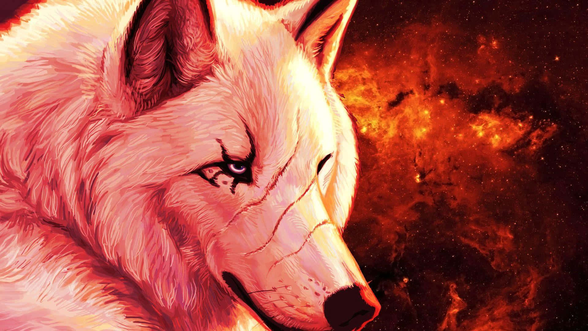 Red Wolf 桌布 壁紙 — 一隻兇猛的白狼，眼睛發光，凝視著熾熱的宇宙星雲背景。