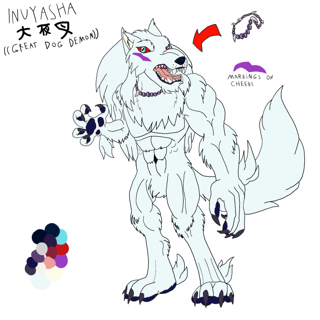 Inuyasha Yokai 桌布 壁紙 — 一隻兇猛的白狼惡魔，擁有紅色眼睛和紫色臉頰標記，以動態姿勢站立，展示鋒利的爪子和帶刺的項圈。