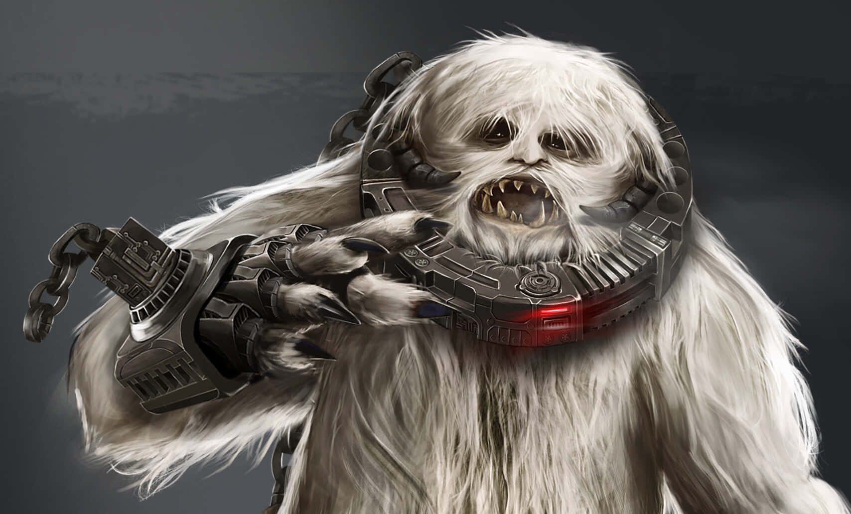 Wampa 桌布 壁紙 — 一隻兇猛的白色毛髮生物，脖子上有機械鎖鏈，發出紅色光芒的眼睛，威嚇地咆哮。
