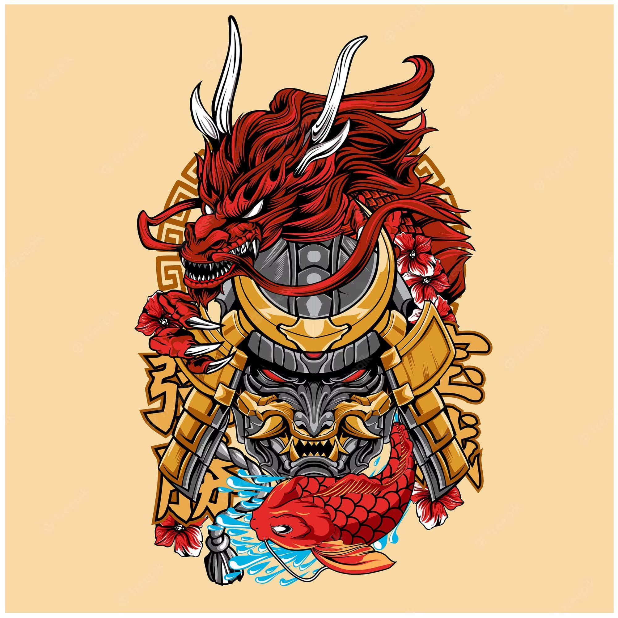 Samurai Dragon 桌布 壁紙 — 一隻兇猛的紅龍，長著白色角和飄逸的鬃毛，身穿華麗的金色盔甲，周圍環繞著紅花和下面的錦鯉。