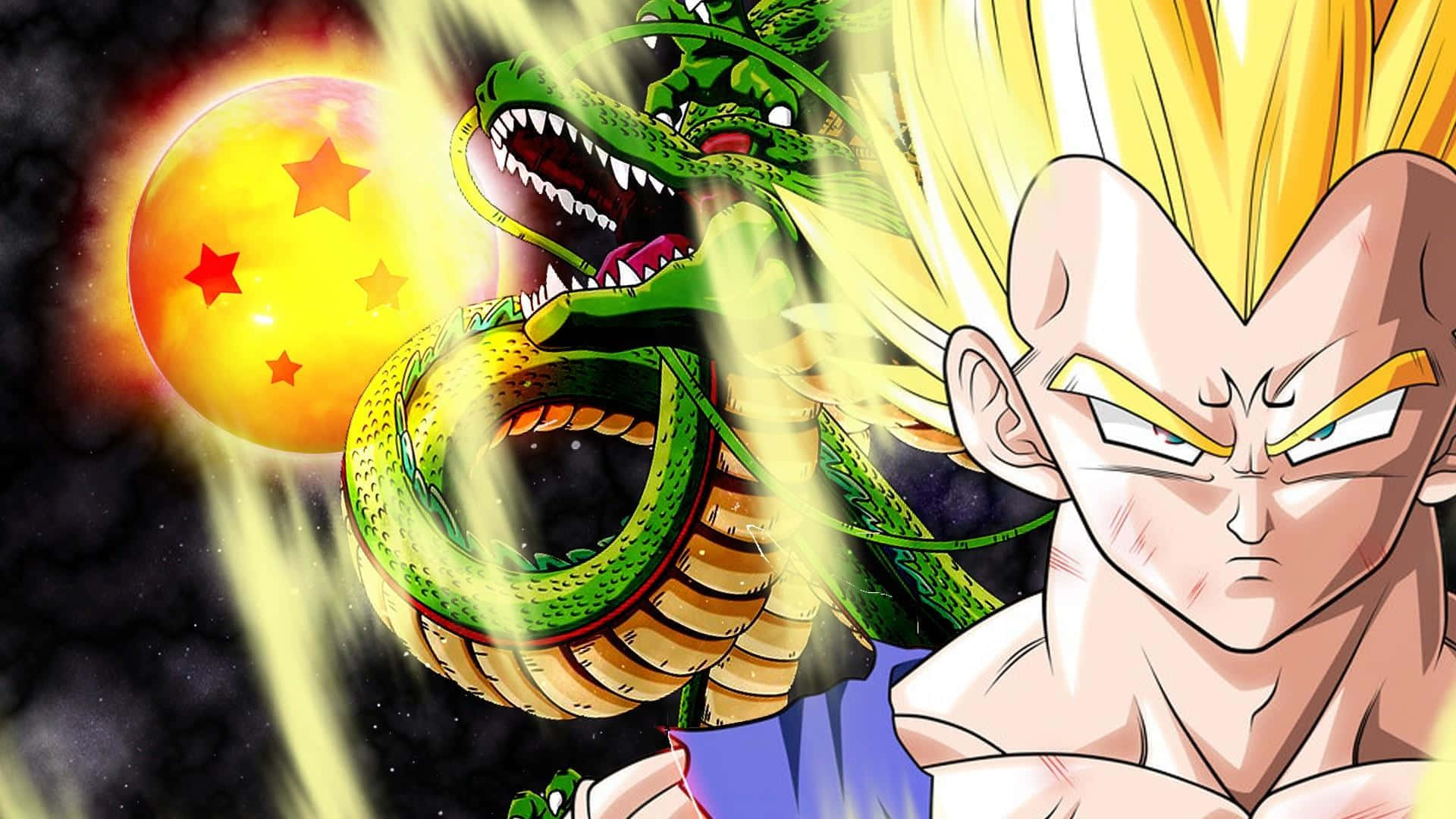 Dragon Ball Z Characters 桌布 壁紙 — 一隻兇猛的綠色巨龍，擁有鋒利的牙齒和發光的眼睛，在一個有星球的宇宙背景下，在一位金髮戰士旁邊咆哮。