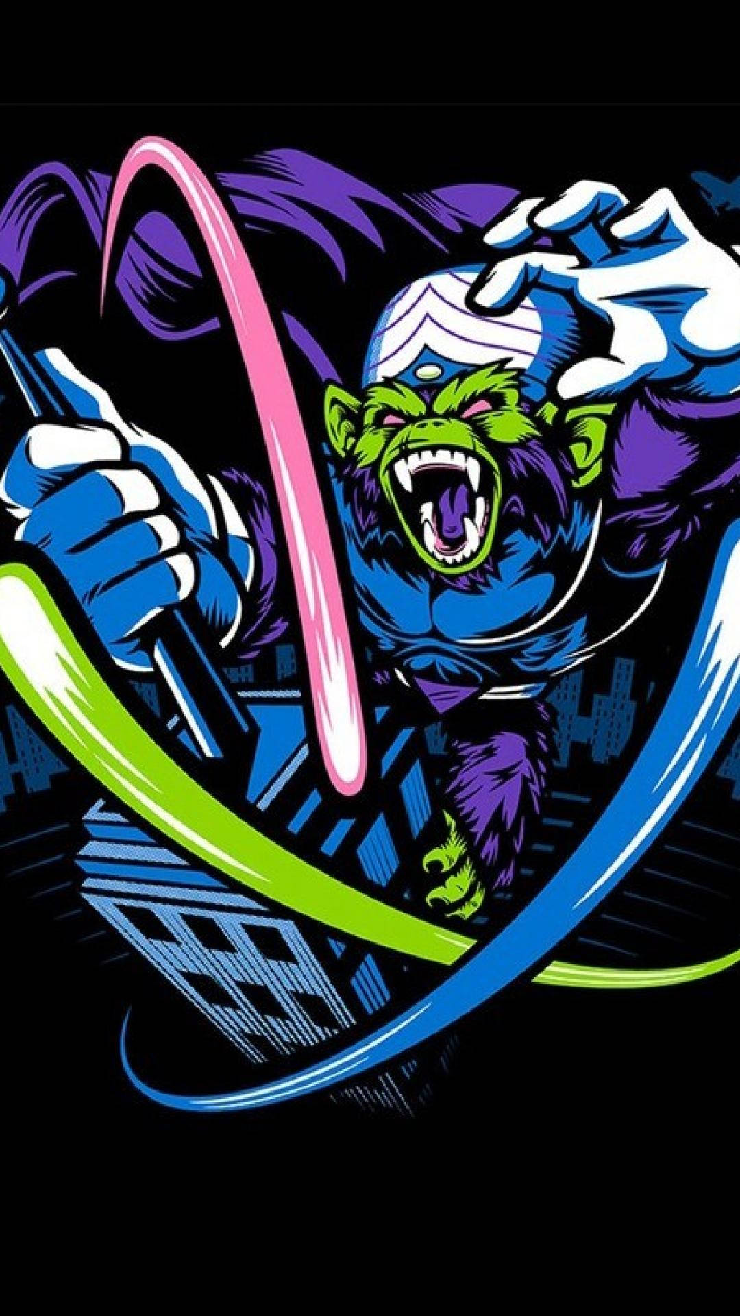 Jojo Phone - Mojo Jojo 壁紙 — 一隻兇猛的綠色猴子穿著藍色和紫色的超級英雄服裝，在黑暗的城市景觀中揮舞著發光的粉紅色和綠色能量刀片。