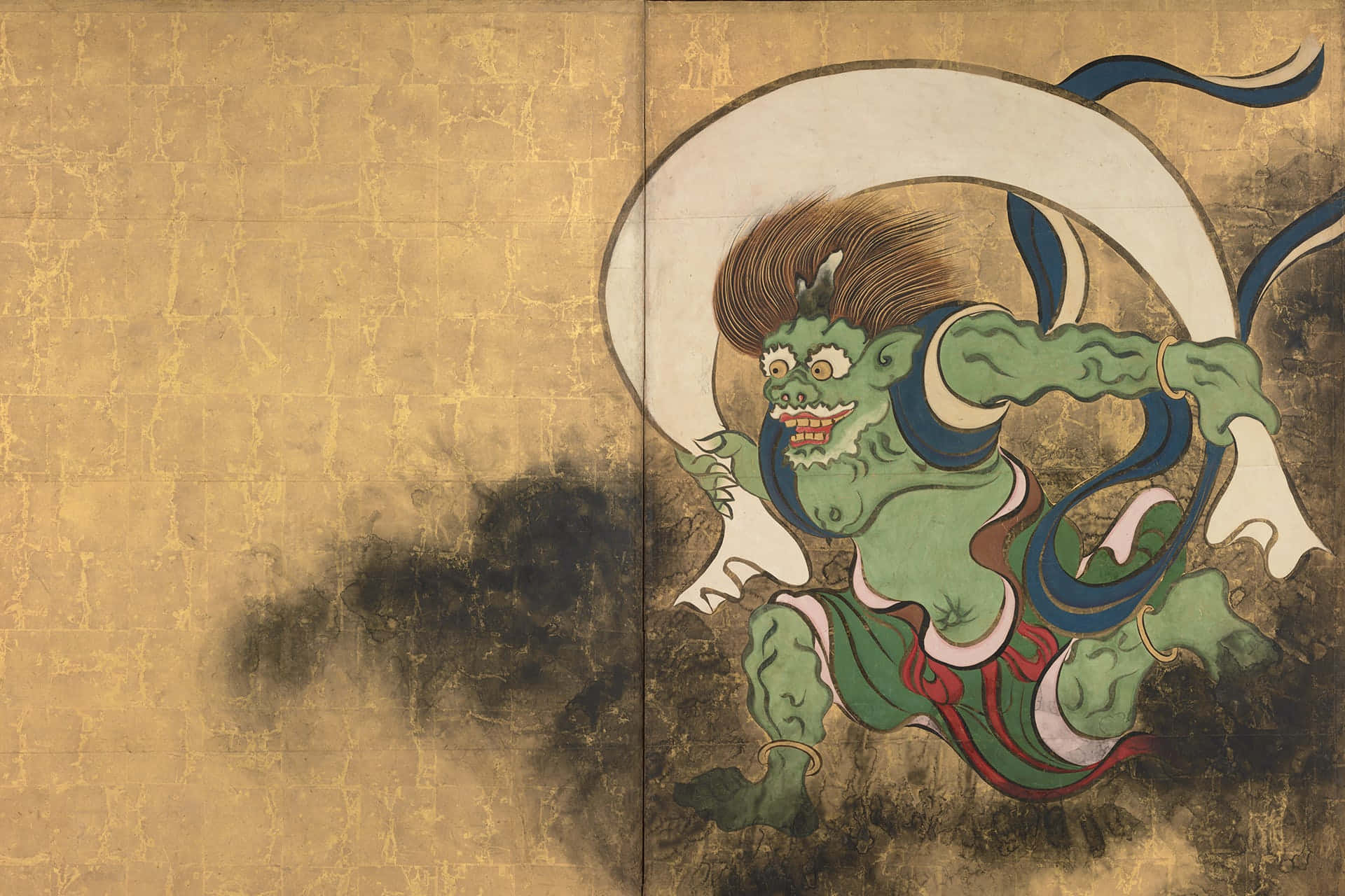 Japanese 桌布 壁紙 — 一隻兇猛的綠色鬼怪，有著狂野的頭髮和飄逸的長袍，在裂紋金色背景上動態跳躍。